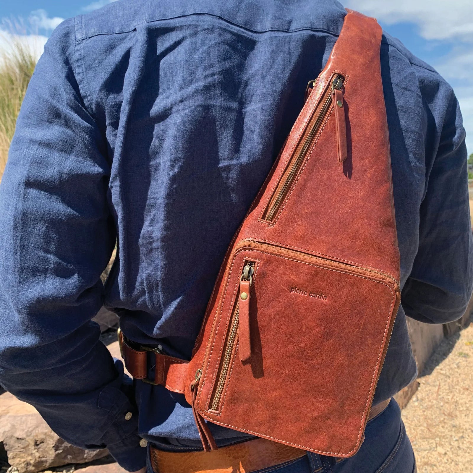 Pierre Cardin Mens Sling Bag Rustic Leather Crossbody Chest Backpack - Chestnut-2