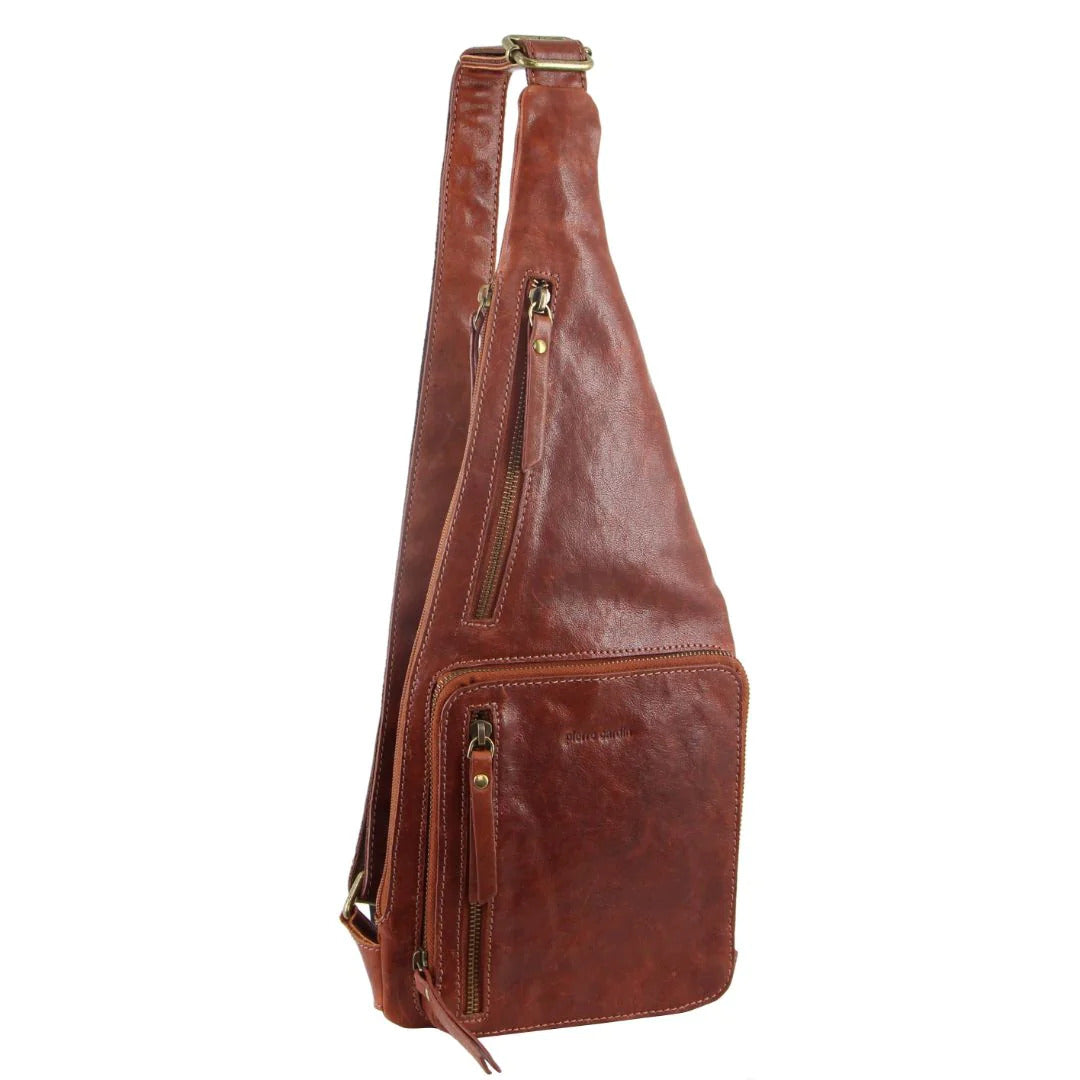 Pierre Cardin Mens Sling Bag Rustic Leather Crossbody Chest Backpack - Chestnut-1