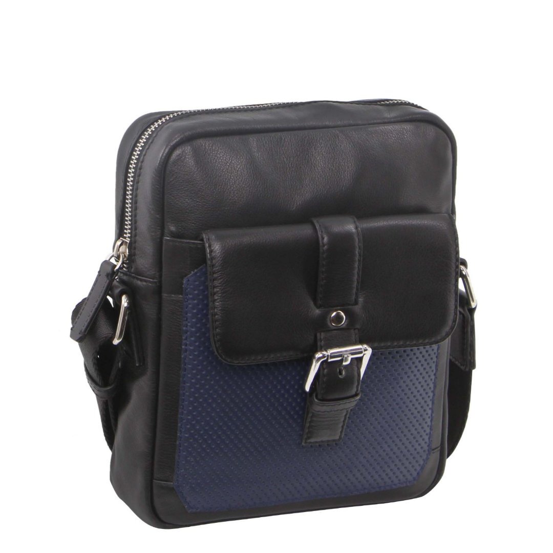 Pierre Cardin Pebbled Leather Organizer Bag Cross Body - Black/Navy-0