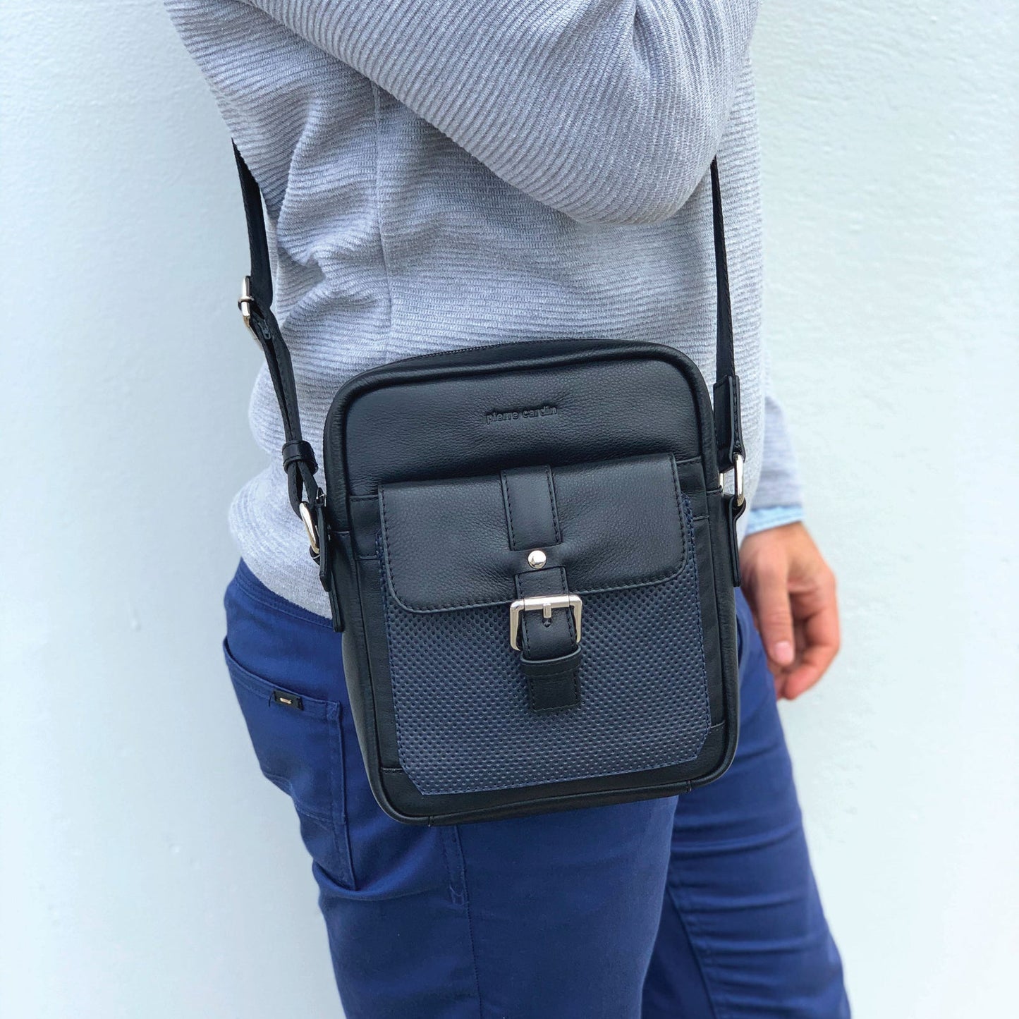 Pierre Cardin Pebbled Leather Organizer Bag Cross Body - Black/Navy-2