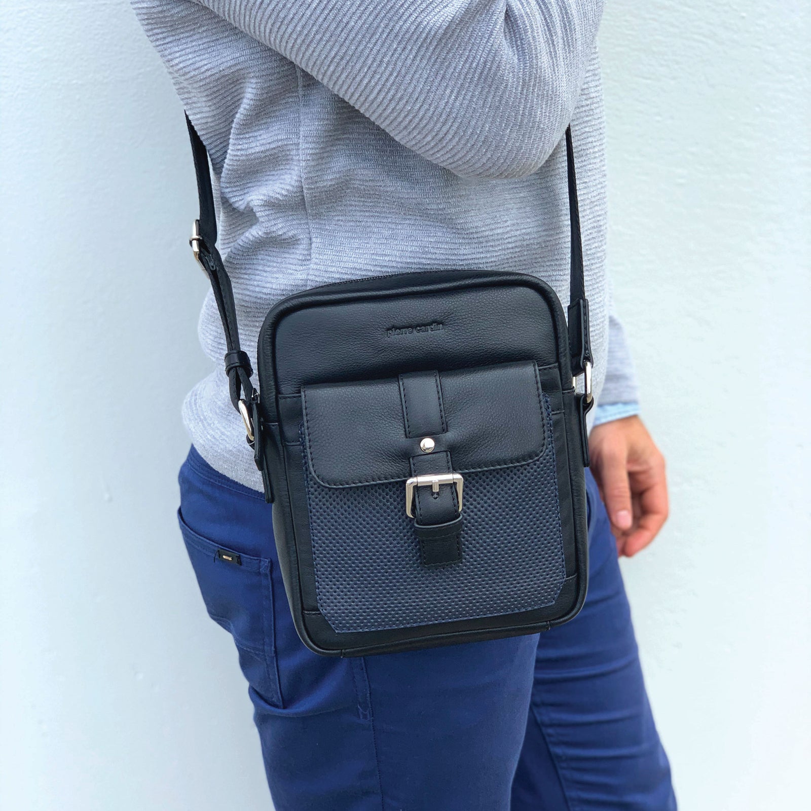 Pierre Cardin Pebbled Leather Organizer Bag Cross Body - Black/Navy-2