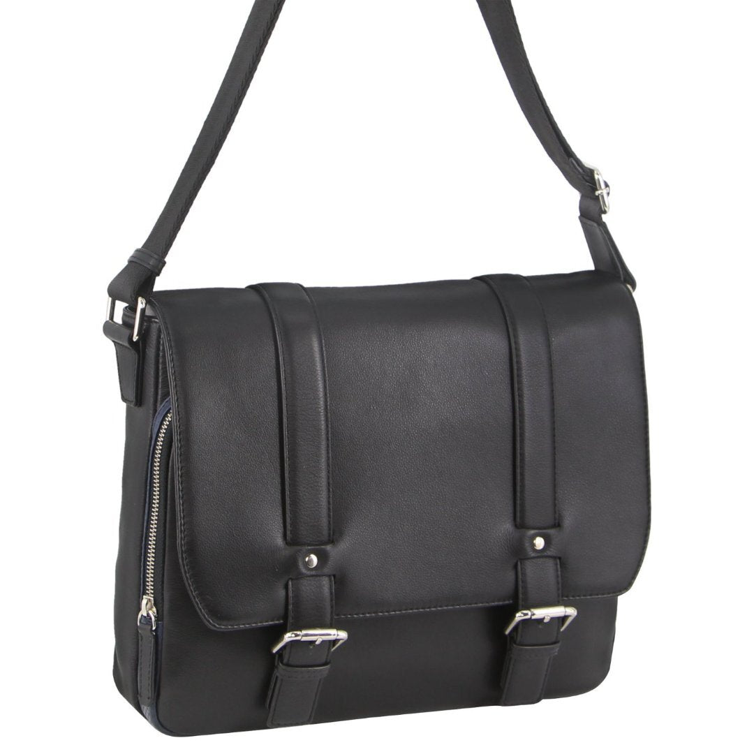 Pierre Cardin Pebbled Leather 13" Laptop Computer Bag Overnight Satchel - Black-0