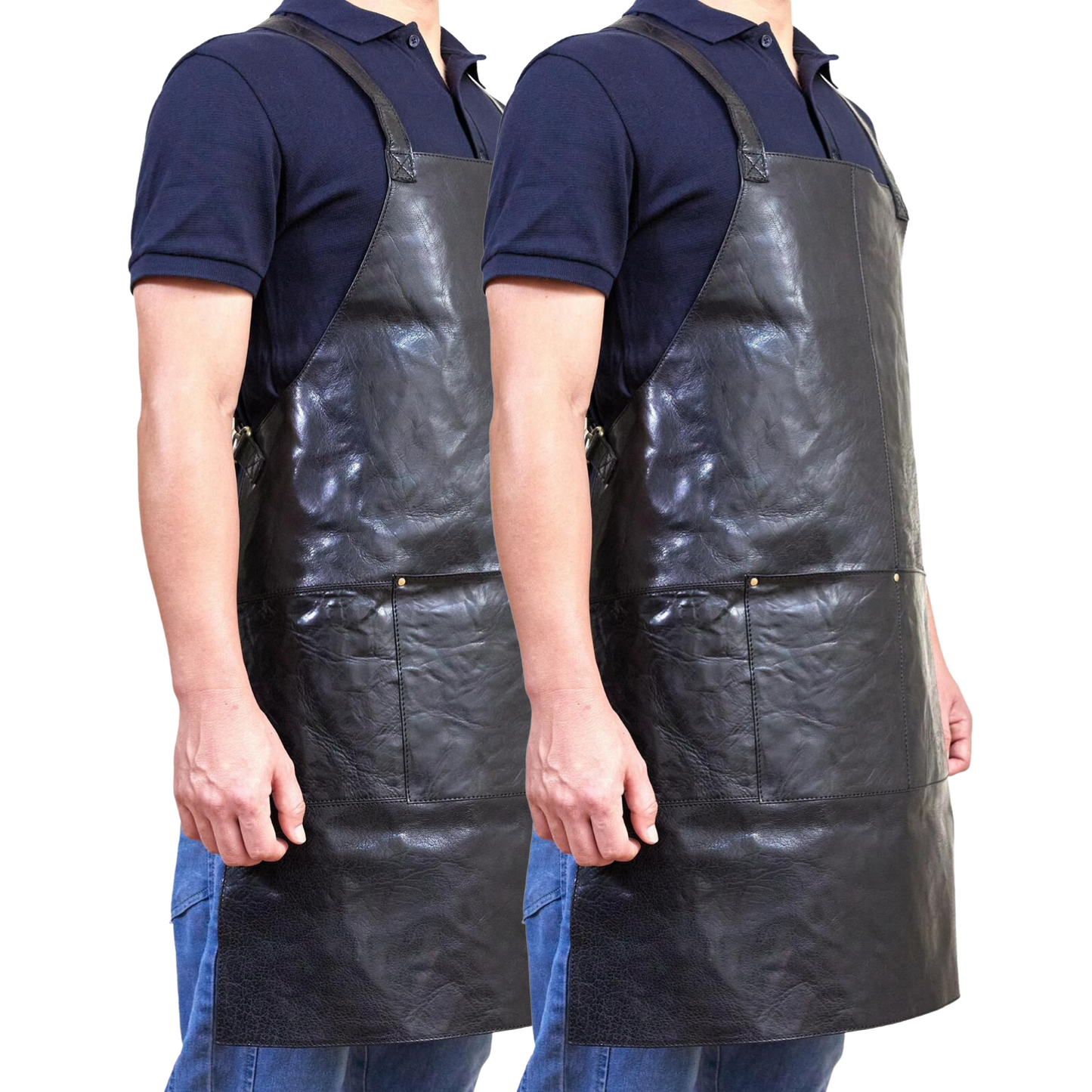 2x Pierre Cardin Professional Leather Apron - Shiny Black (Butcher/Woodwork/Hairdressing/Barber/Chef)-1