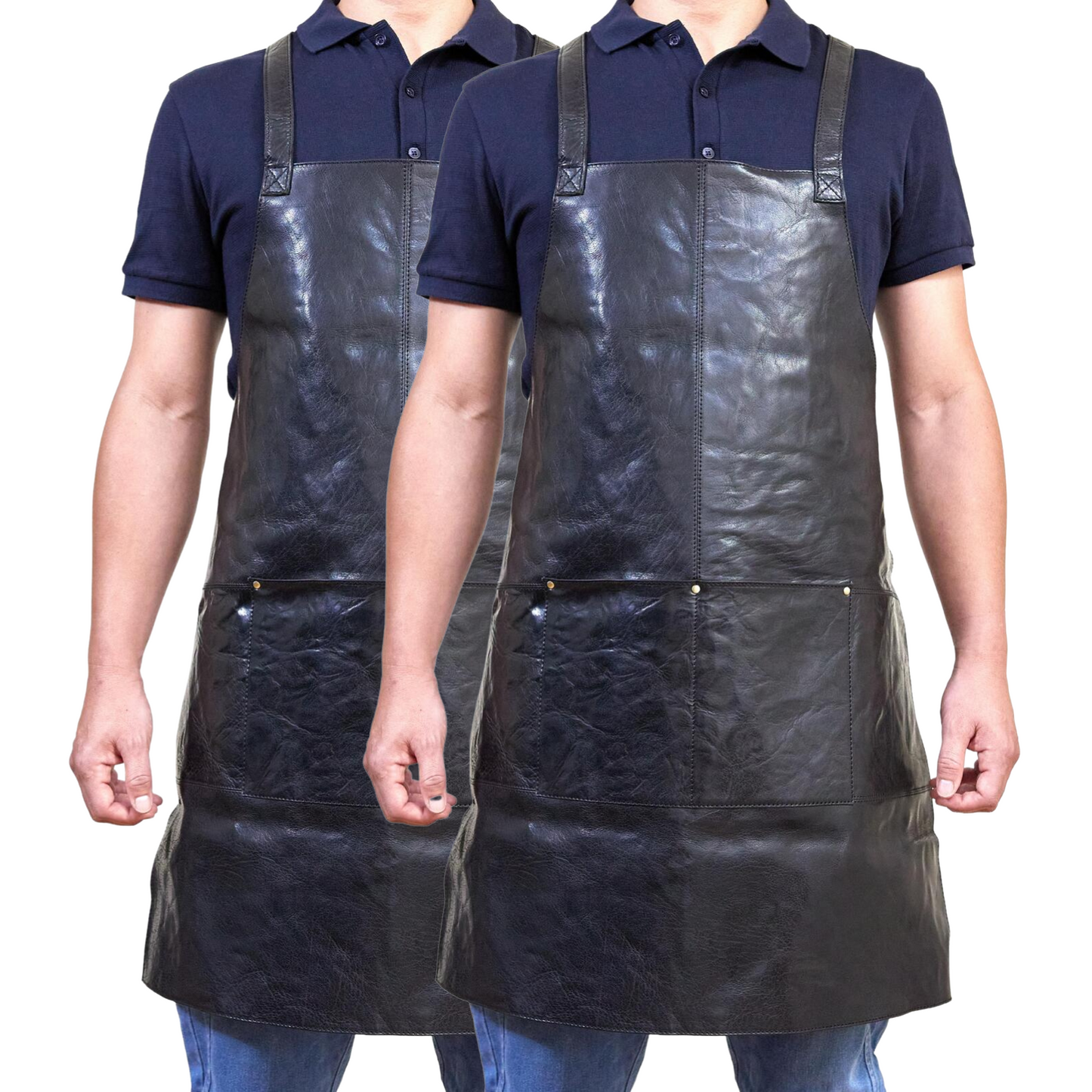 2x Pierre Cardin Professional Leather Apron - Shiny Black (Butcher/Woodwork/Hairdressing/Barber/Chef)-2