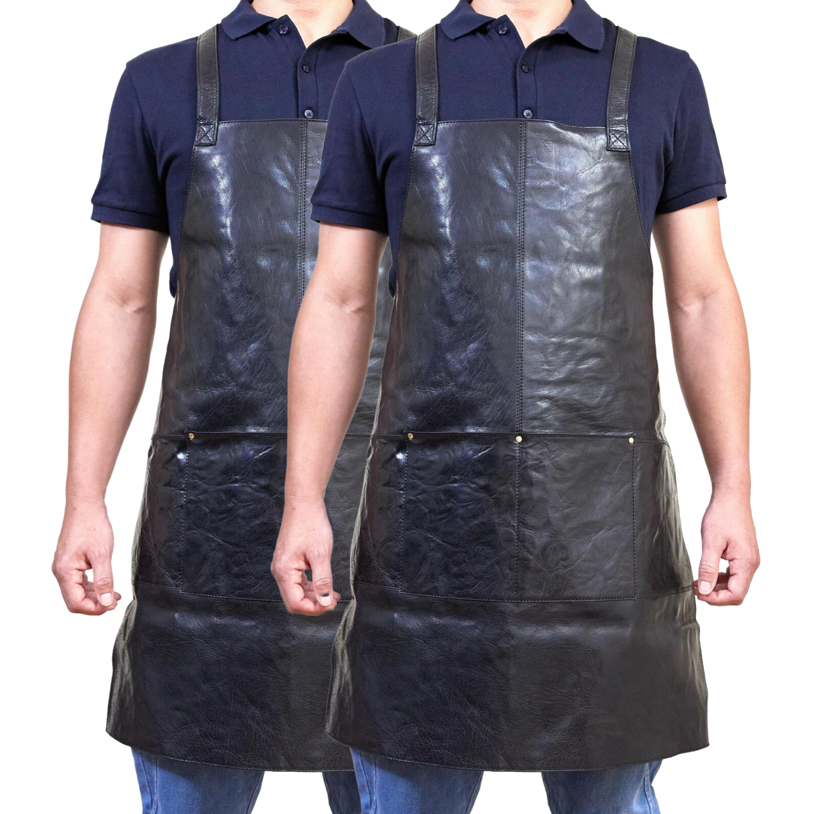 2x Pierre Cardin Professional Leather Apron - Shiny Black (Butcher/Woodwork/Hairdressing/Barber/Chef)-2