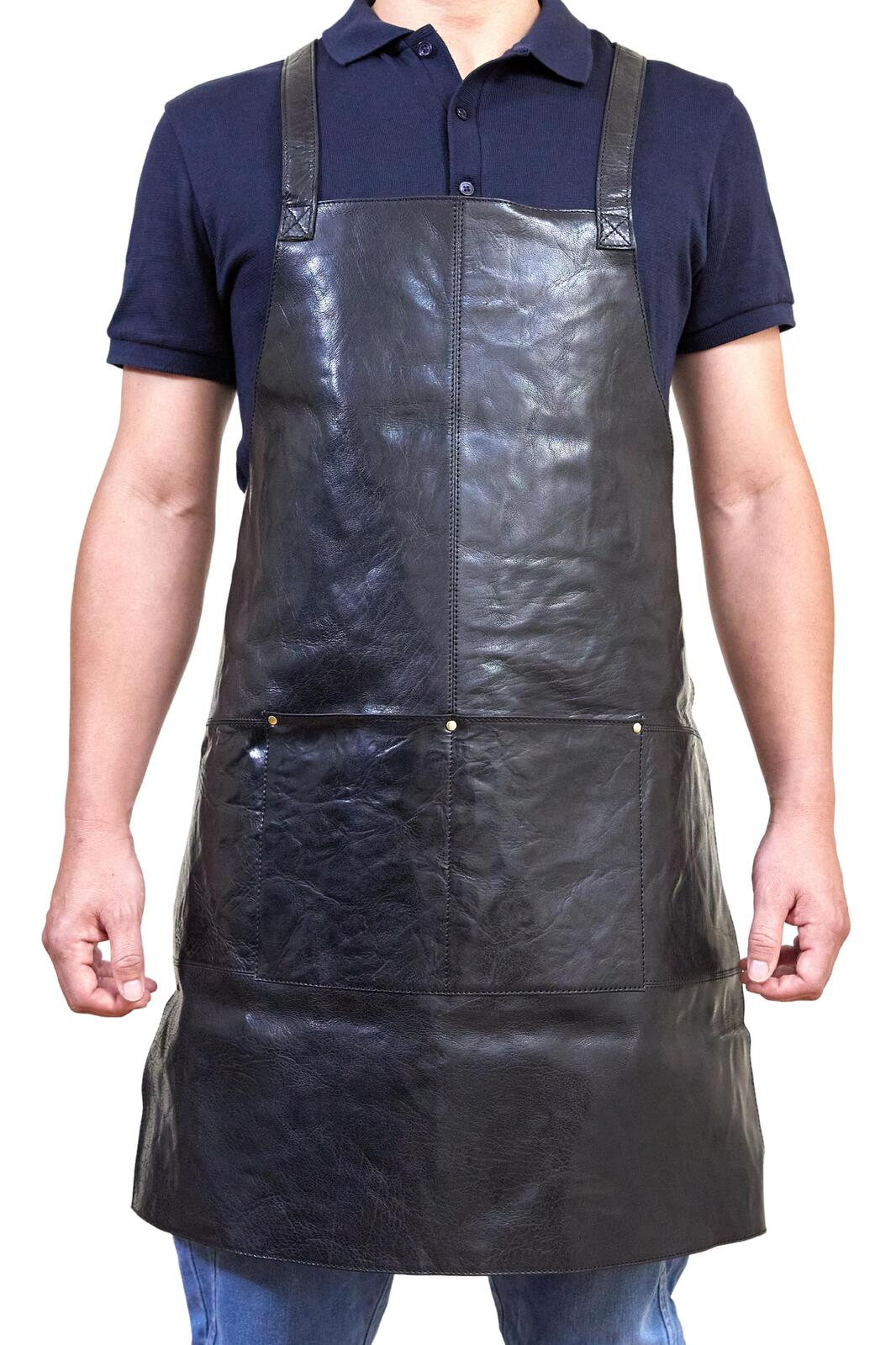 Pierre Cardin Professional Leather Apron - Shiny Black (Butcher/Woodwork/Hairdressing/Barber/Chef)-0