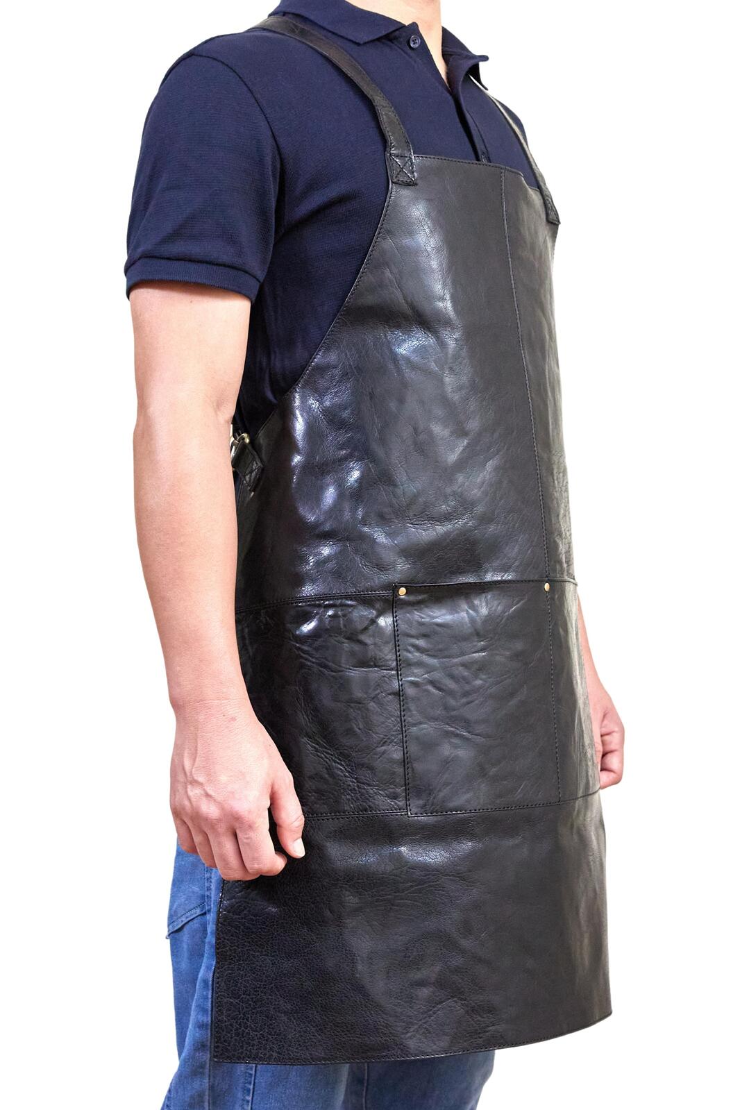 Pierre Cardin Professional Leather Apron - Shiny Black (Butcher/Woodwork/Hairdressing/Barber/Chef)-3