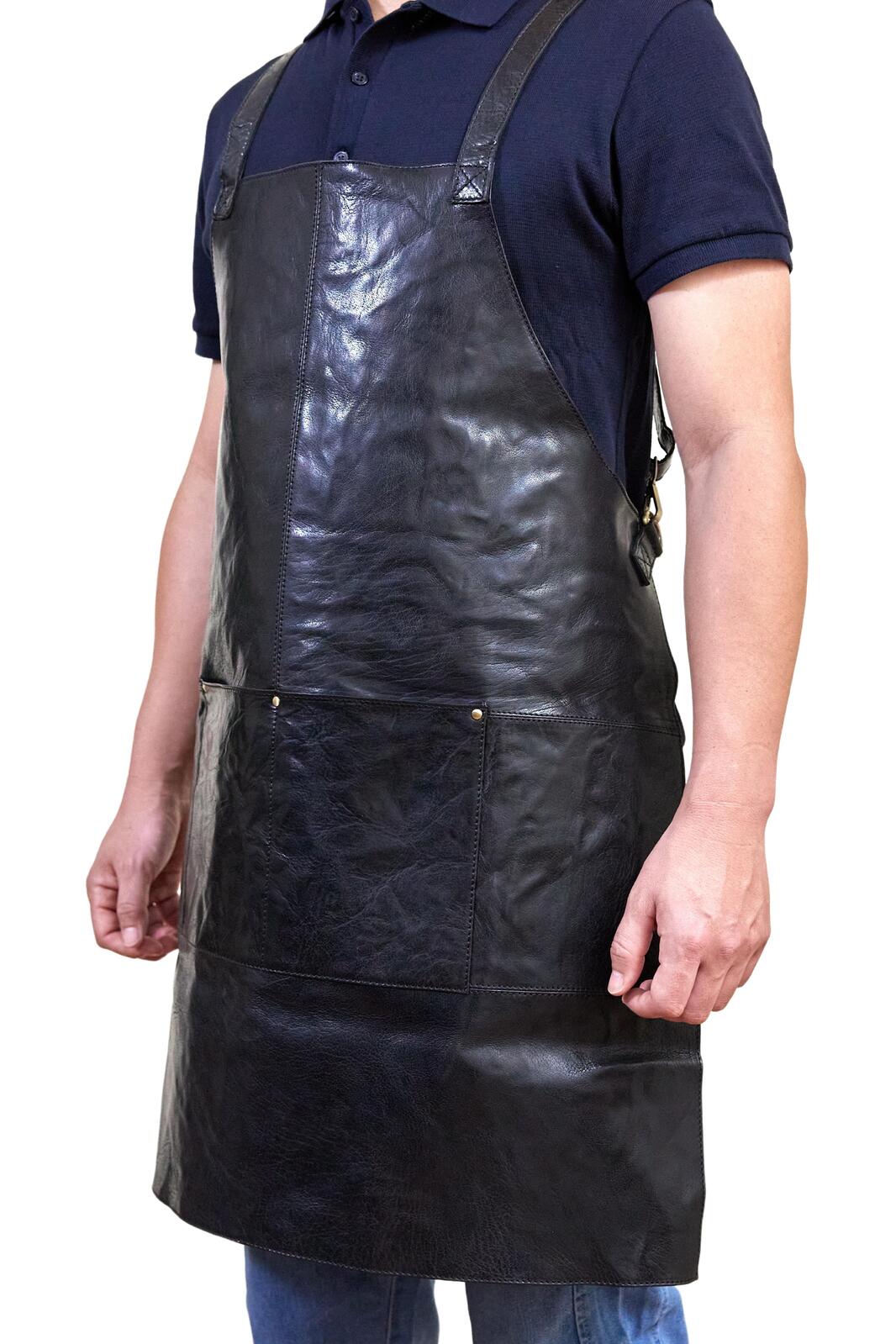 Pierre Cardin Professional Leather Apron - Shiny Black (Butcher/Woodwork/Hairdressing/Barber/Chef)-2