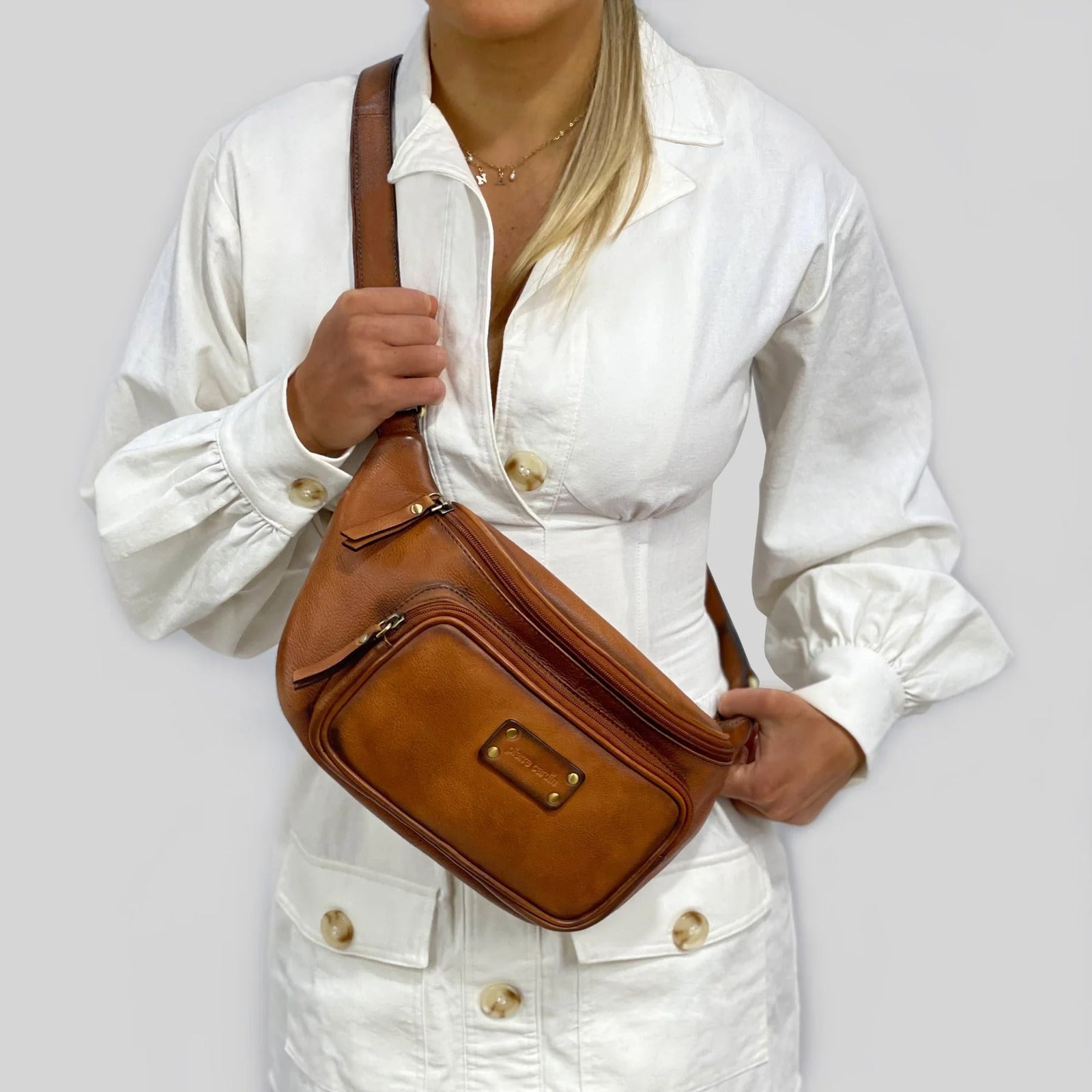 Pierre Cardin Women Sling Bum Bag Leather Crossbody Shoulder Travel Chest - Cognac-2