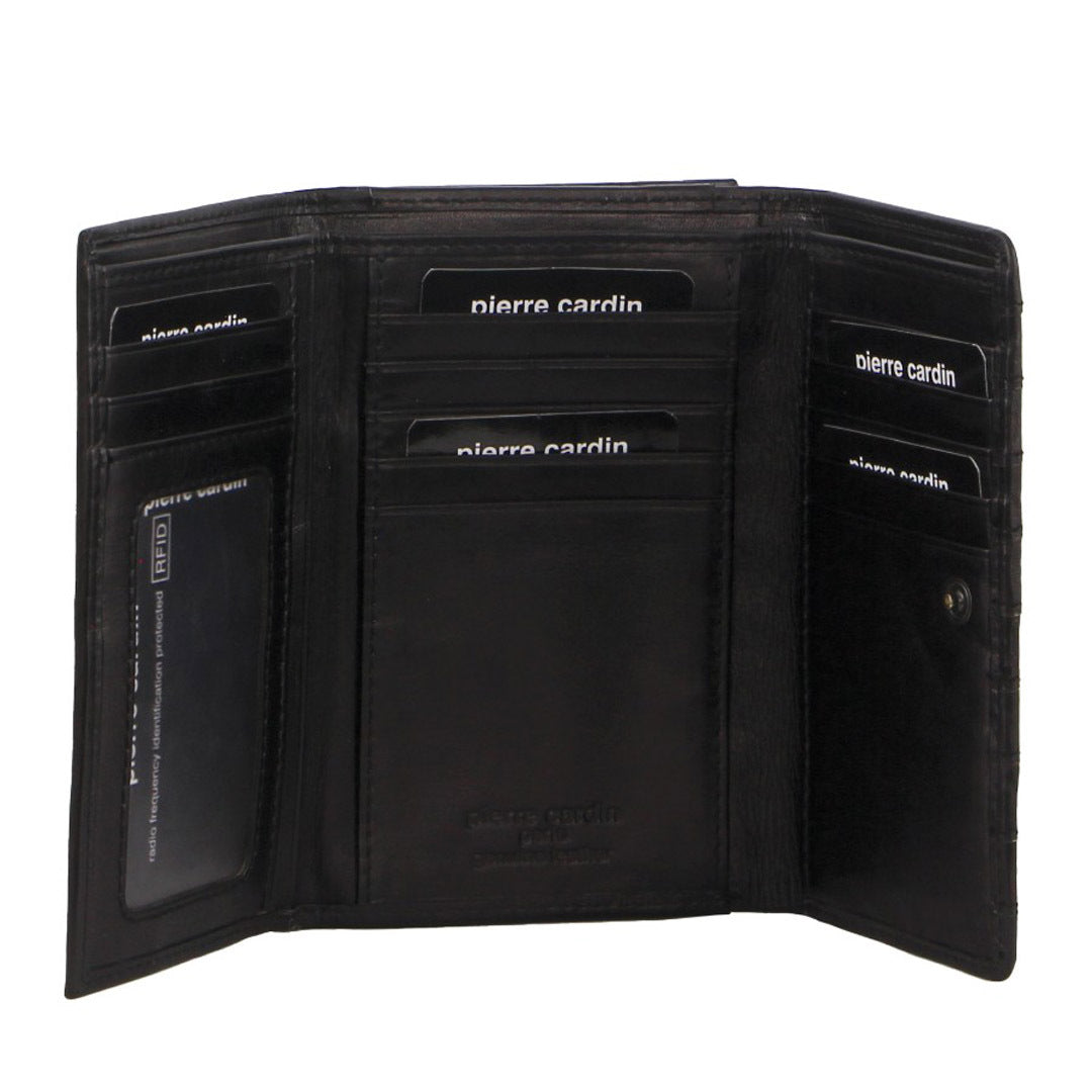 Pierre Cardin Stich Design Leather Ladies Large Tri-Fold Wallet in Black-1