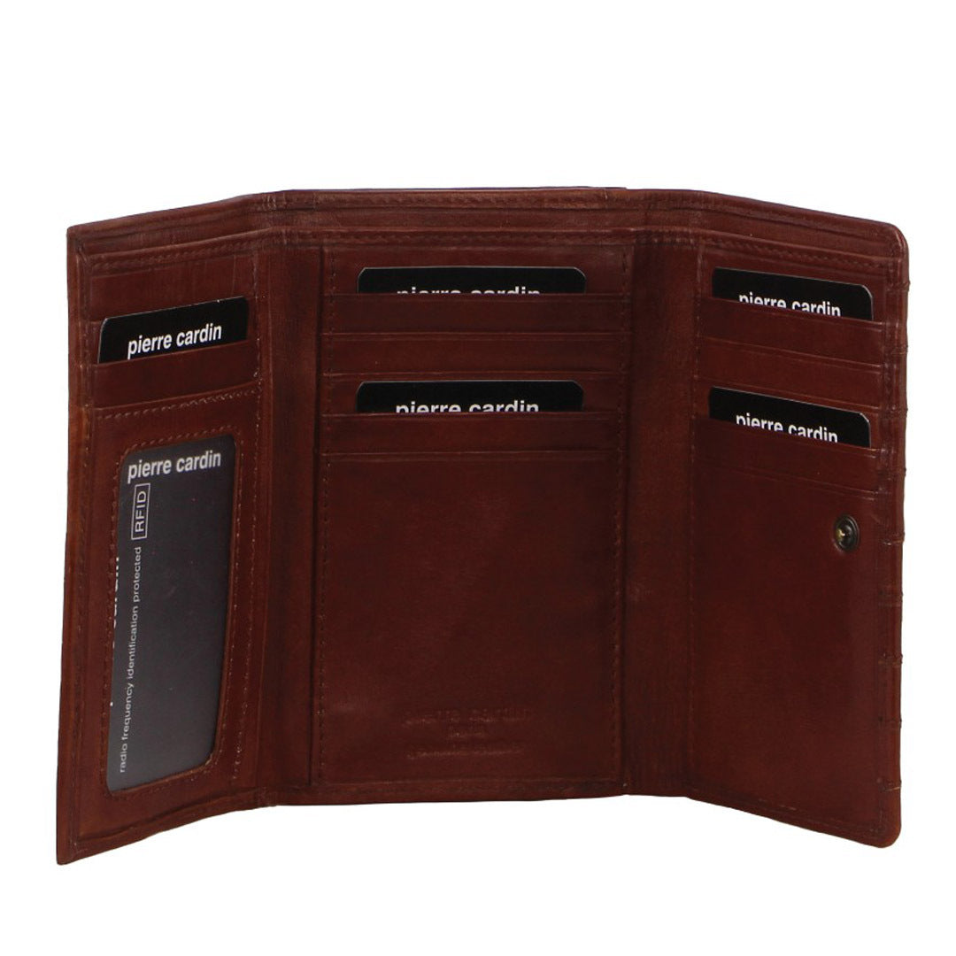 Pierre Cardin Womens Leather Wallet Stich Design Large Tri-Fold in Tan Brown-1