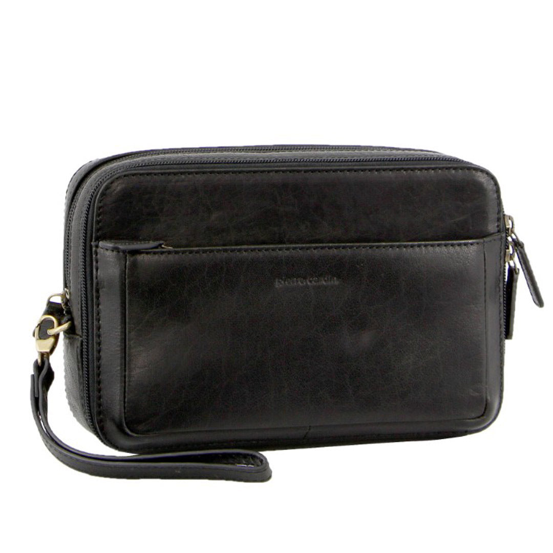 Pierre Cardin Mens Italian Leather Organizer Bag Toiletry Travel - Black-0