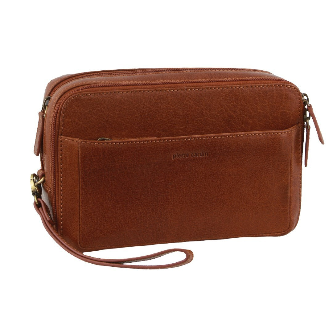 Pierre Cardin Mens Leather Toiletry Bag Travel Organizer Wash Case - Tan-0