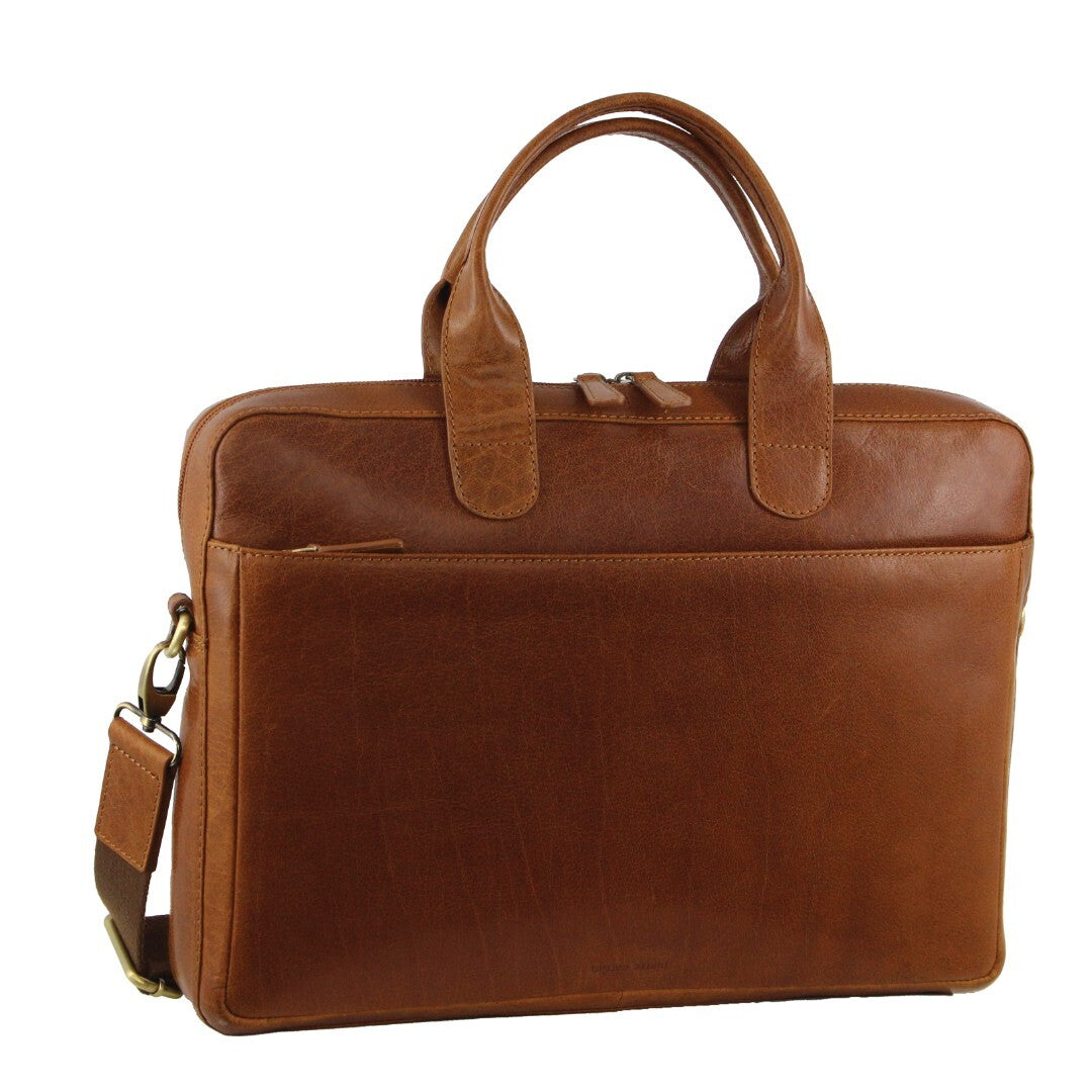 Pierre Cardin Mens Italian Leather 15" Laptop Computer Bag Travel - Tan-0