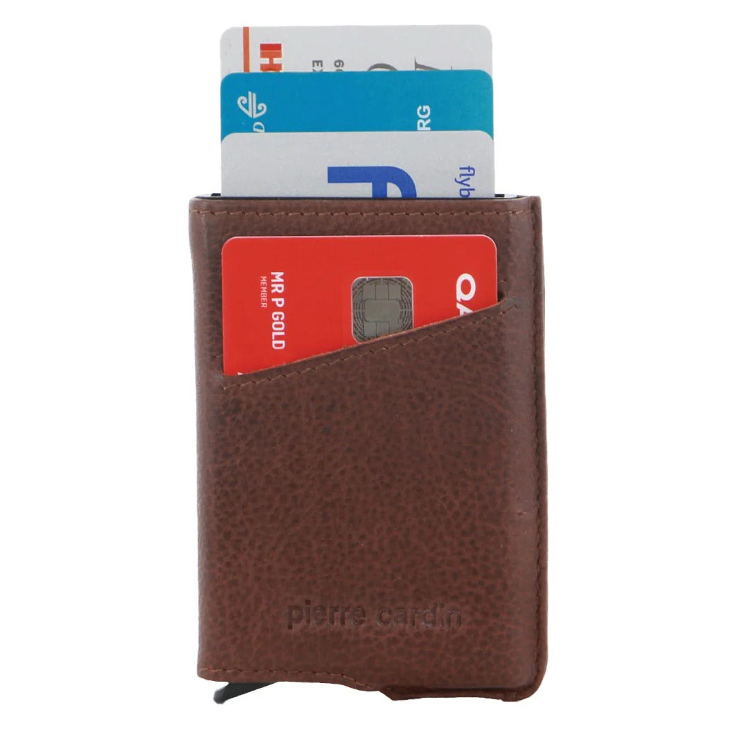 Pierre Cardin Leather Smart Slide Card Holder Tab Wallet RFID - Brown-0