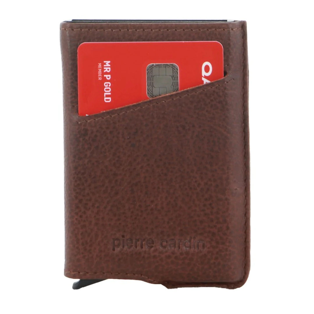 Pierre Cardin Leather Smart Slide Card Holder Tab Wallet RFID - Brown-2