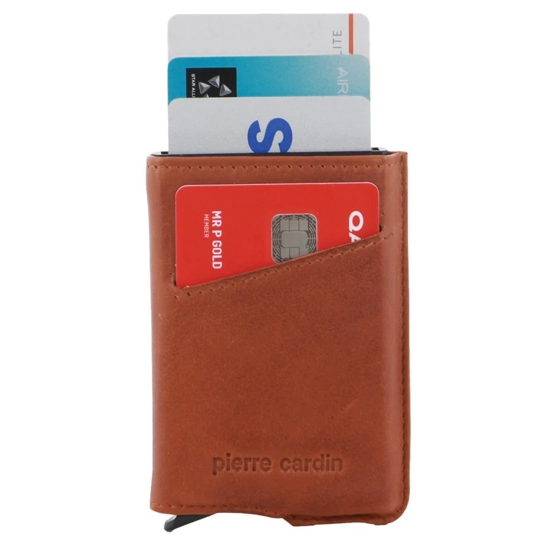 Pierre Cardin Leather Smart Slide Card Holder Tab Wallet RFID - Tan-0
