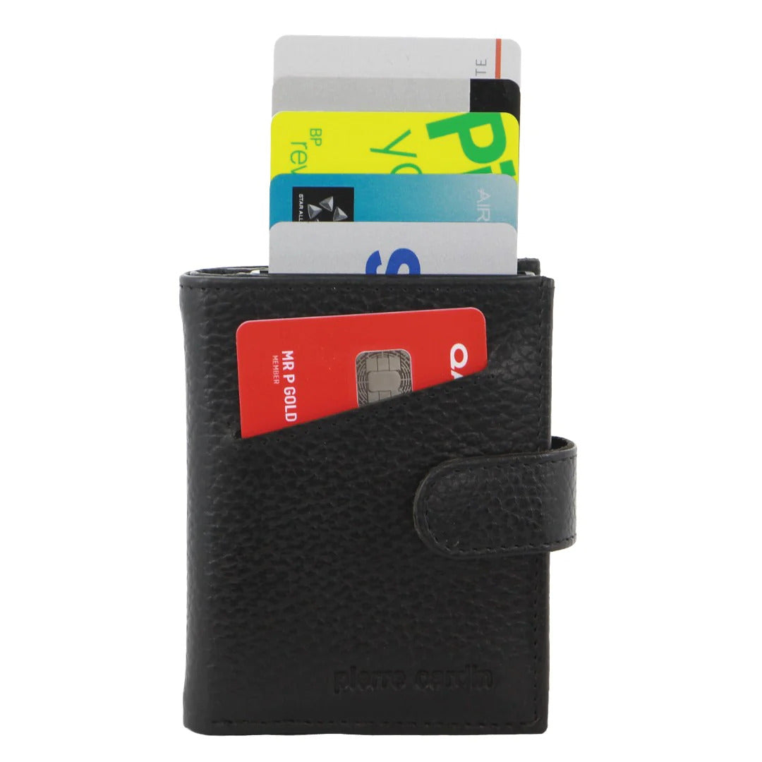 Pierre Cardin Leather Smart Slide Card Holder Tab Wallet with Buckle RFID - Black-0