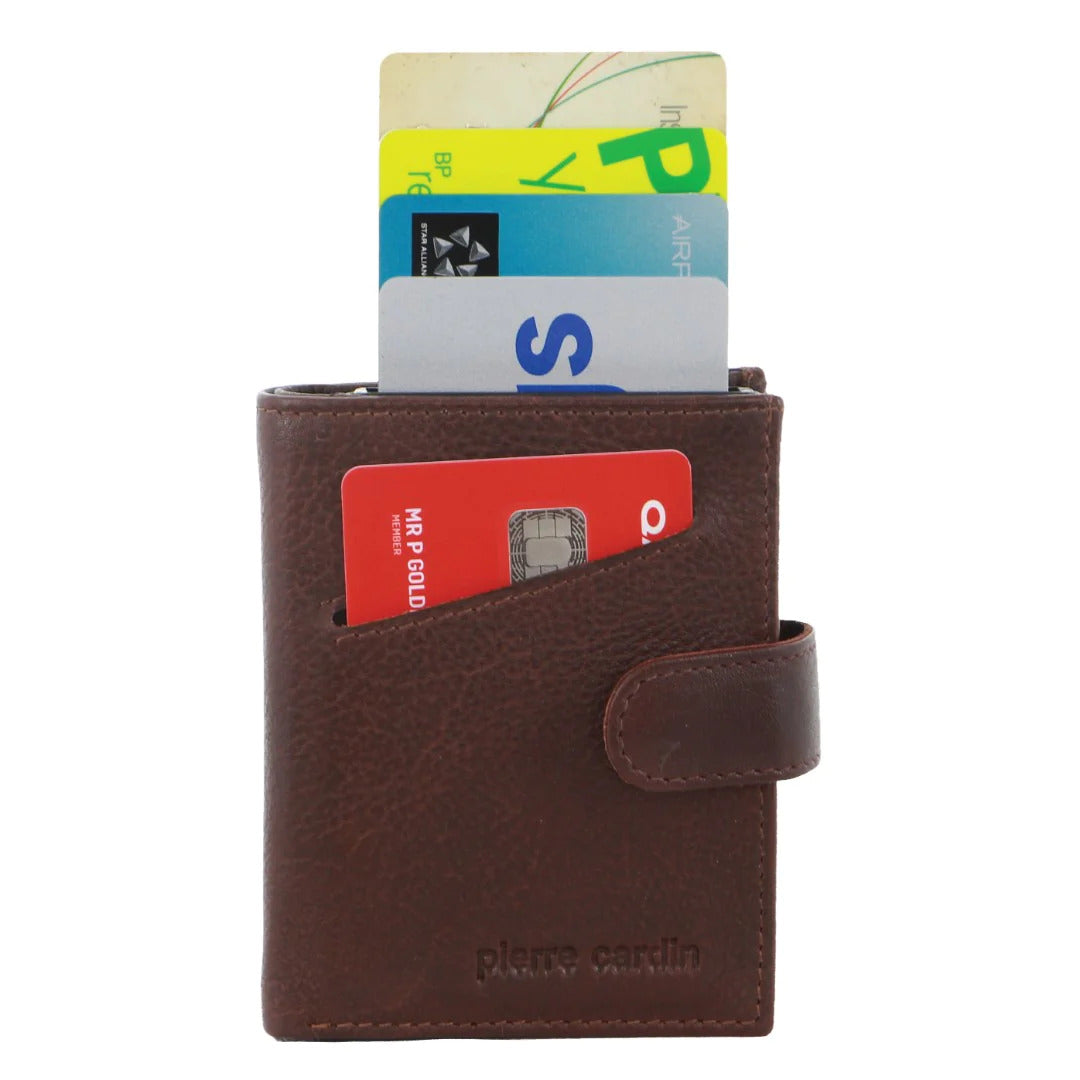 Pierre Cardin Leather Smart Slide Card Holder Tab Wallet with Buckle RFID - Brown-0