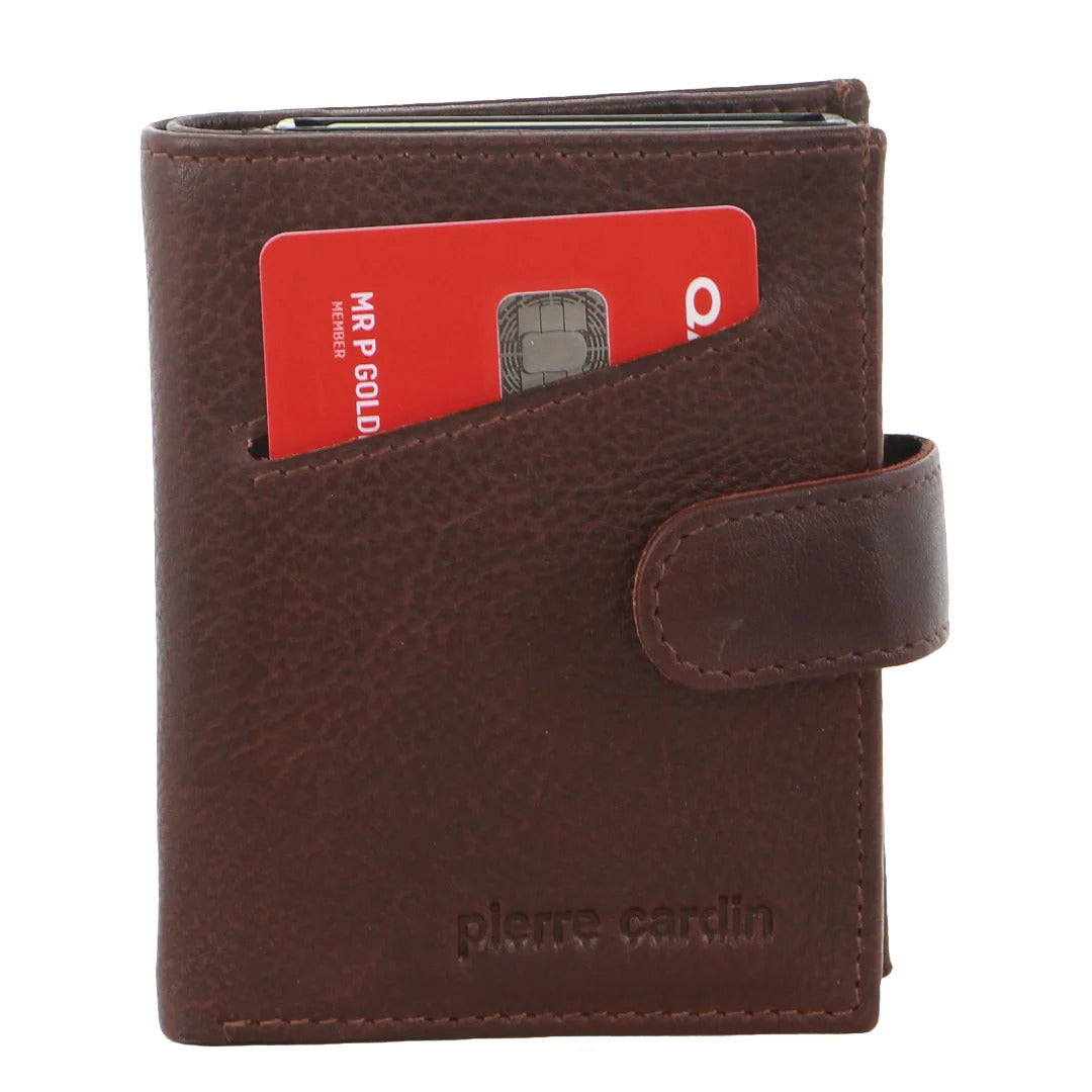 Pierre Cardin Leather Smart Slide Card Holder Tab Wallet with Buckle RFID - Brown-3