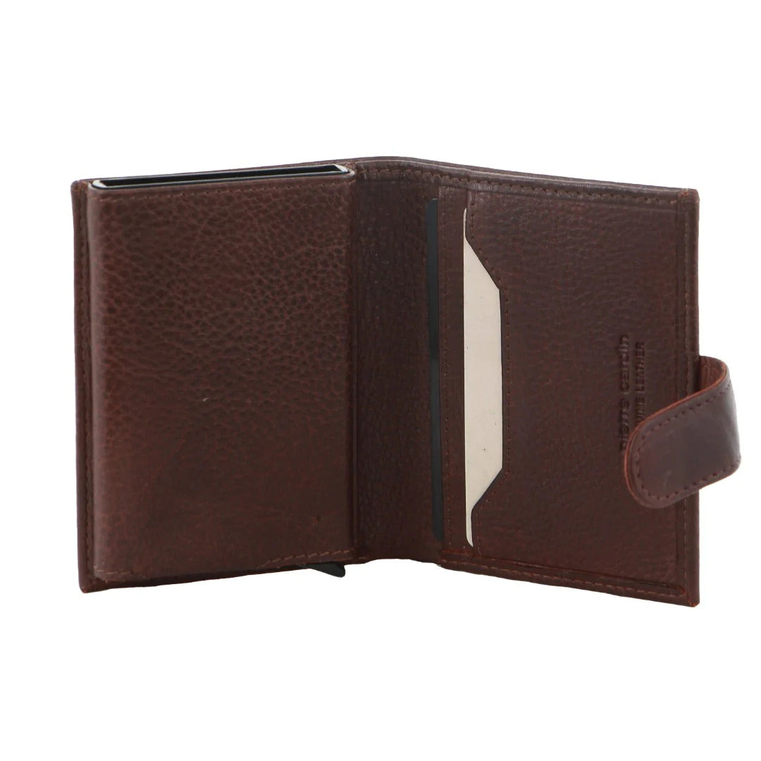 Pierre Cardin Leather Smart Slide Card Holder Tab Wallet with Buckle RFID - Brown-4