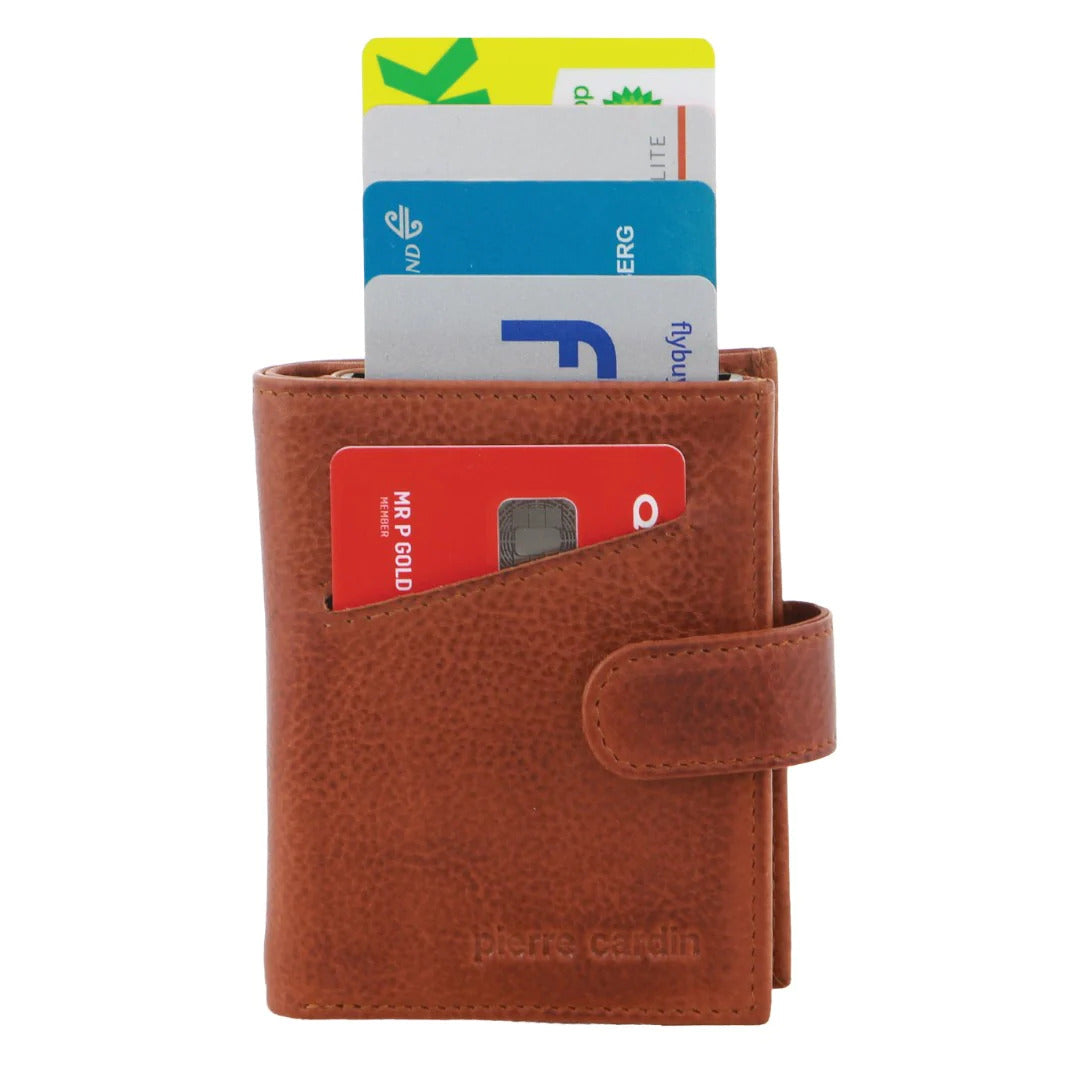 Pierre Cardin Leather Smart Slide Card Holder Tab Wallet with Buckle RFID - Tan-1