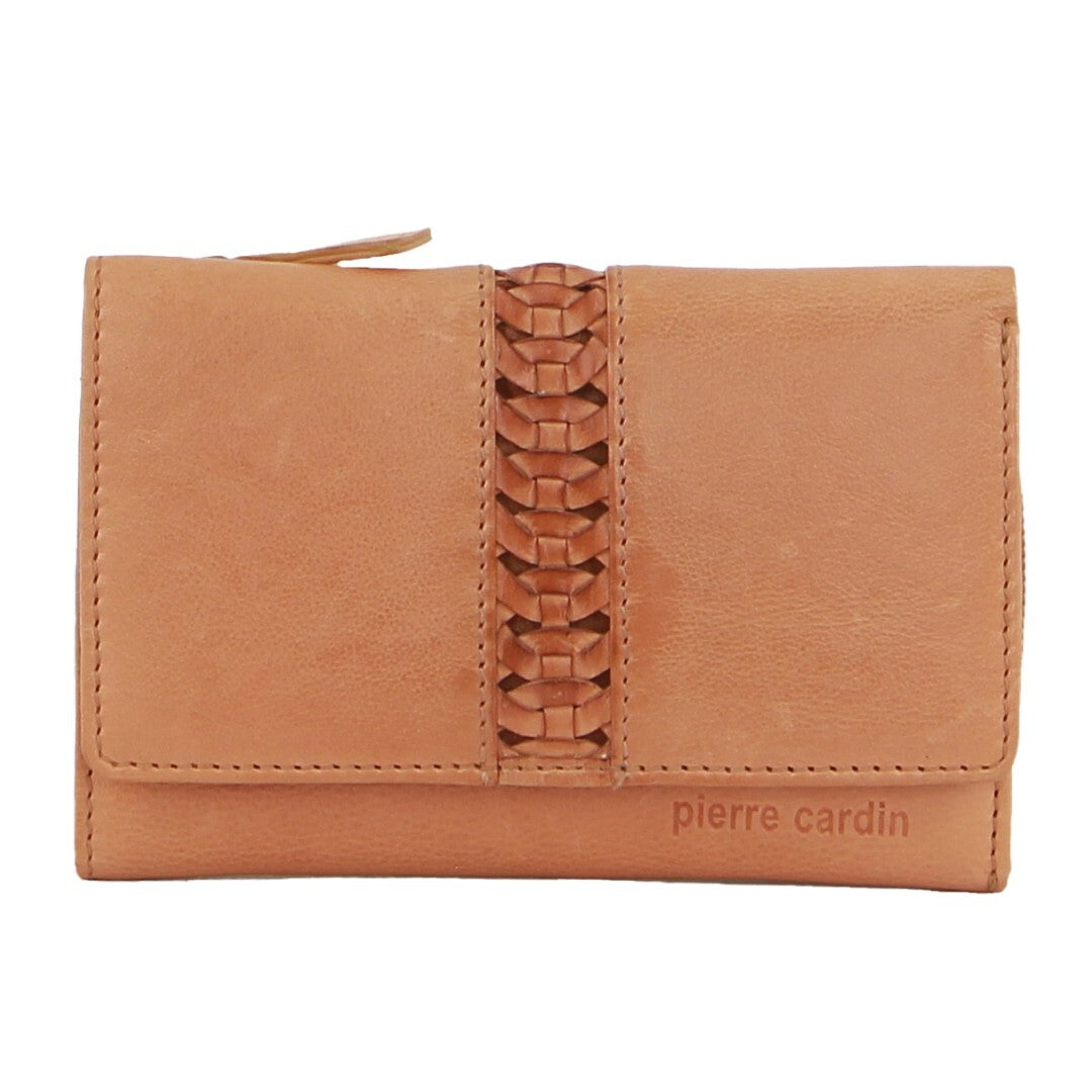 Pierre Cardin Leather Ladies Leather Woven Design Tri-fold Wallet in Apricot