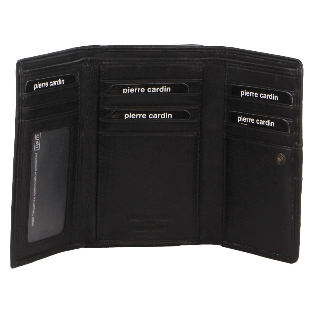 Pierre Cardin Womens Leather Woven Design Tri Fold RFID Wallet Travel in Black-1