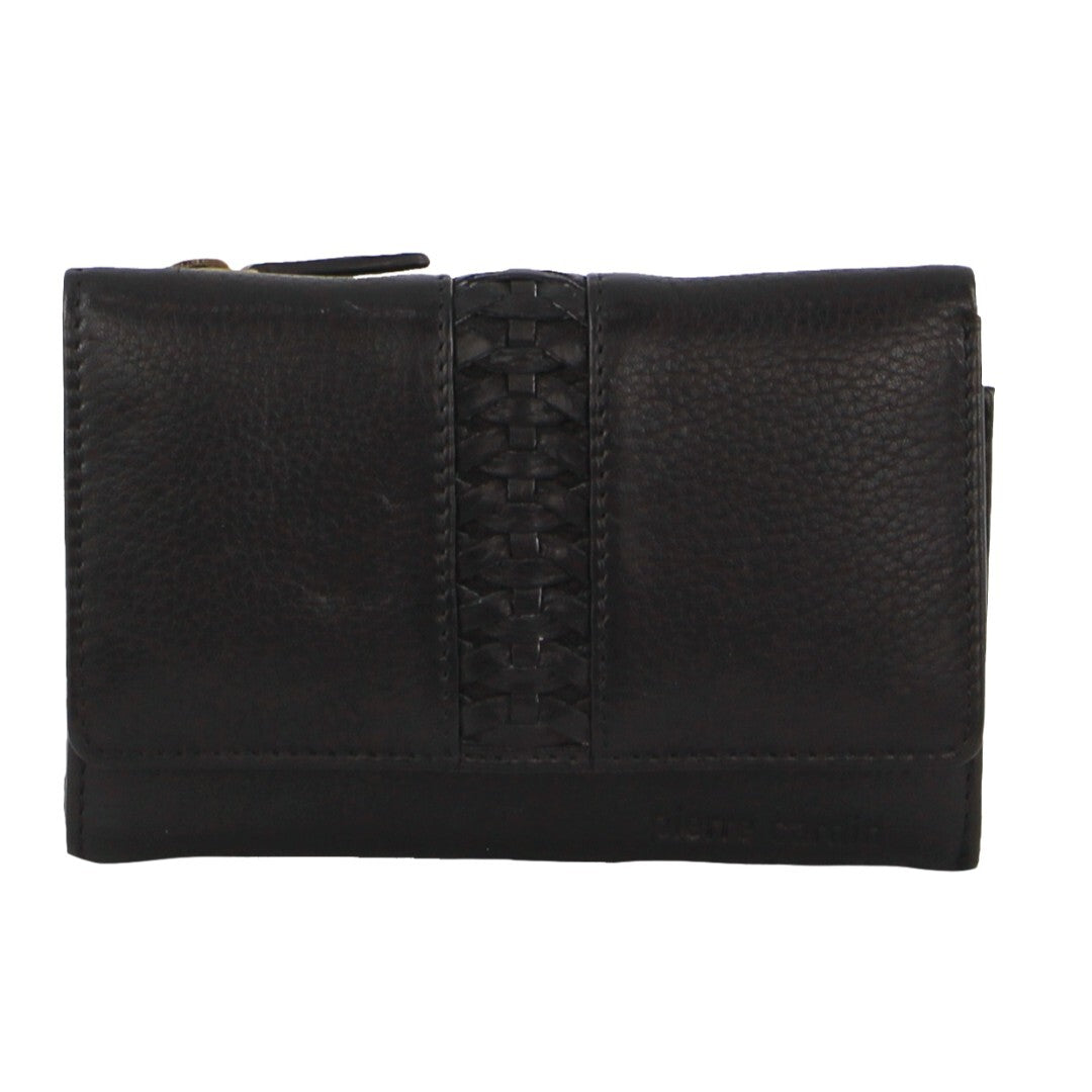 Pierre Cardin Womens Leather Woven Design Tri Fold RFID Wallet Travel in Black-2