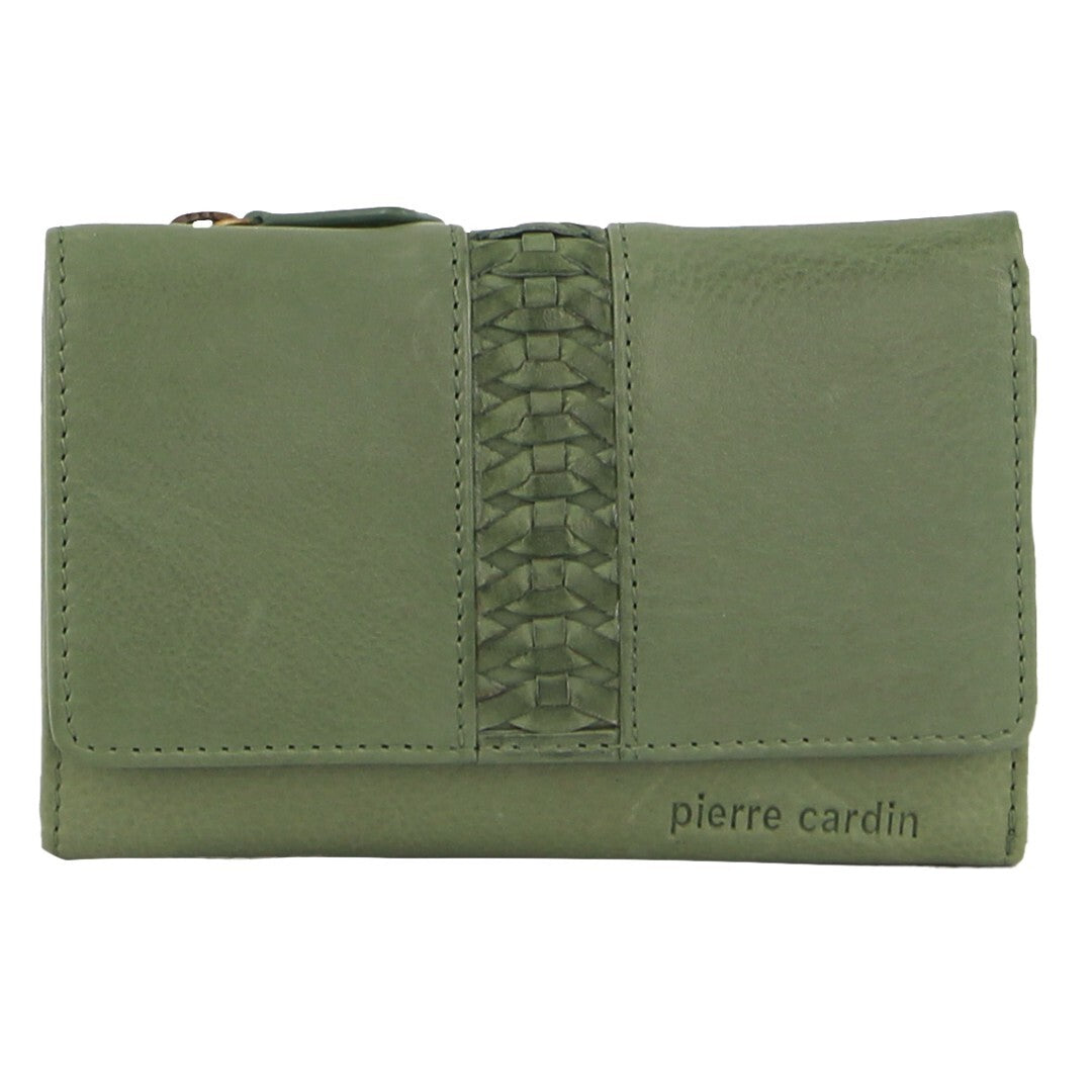 Pierre Cardin Leather Ladies Woven Design Tri-fold Wallet in Leaf Green-2