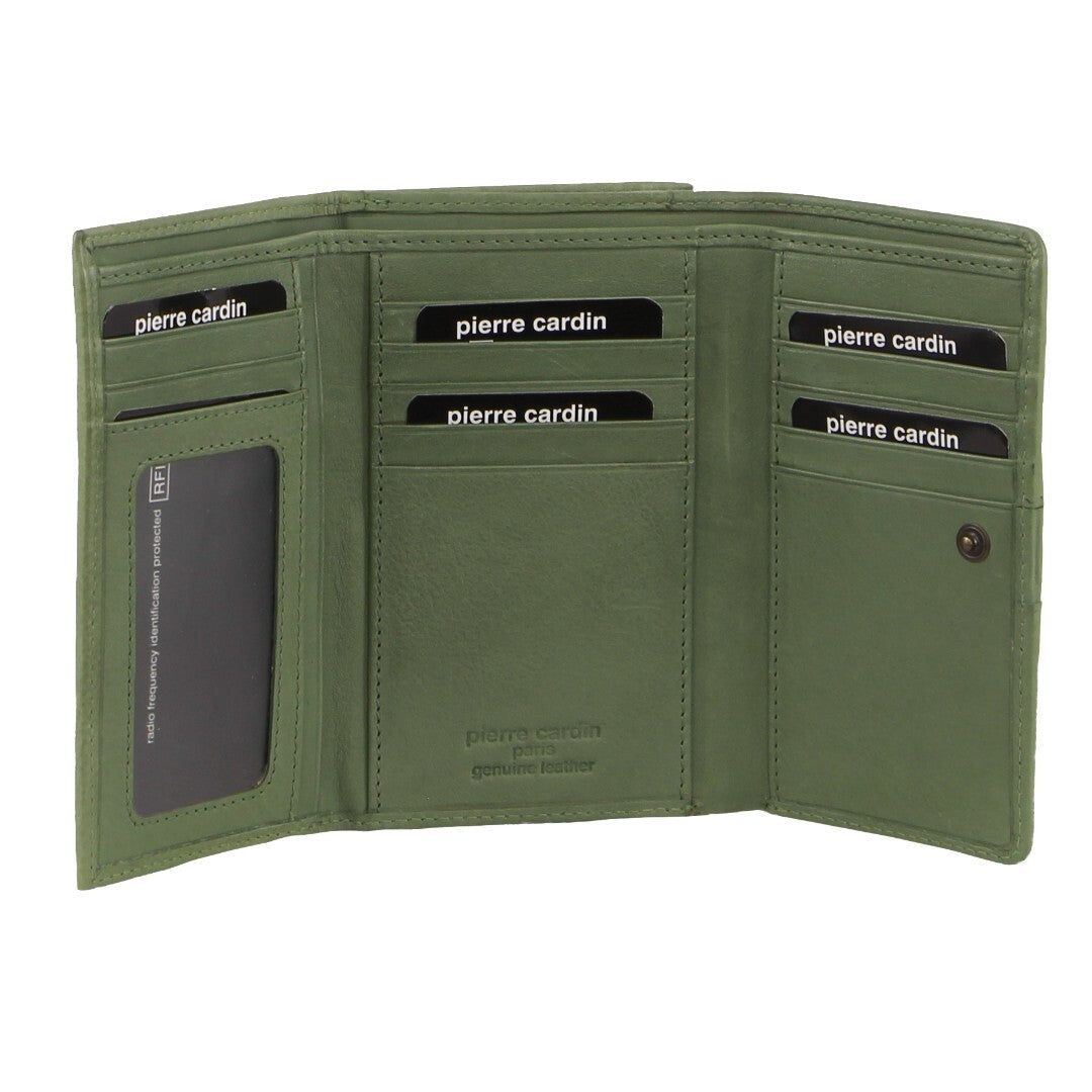 Pierre Cardin Leather Ladies Woven Design Tri-fold Wallet in Leaf Green-0