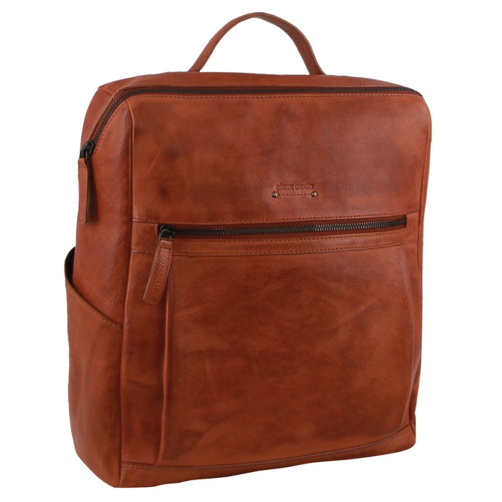 Pierre Cardin Italian Leather Unisex Backpack Bag w 15" Laptop Insert in Cognac-1