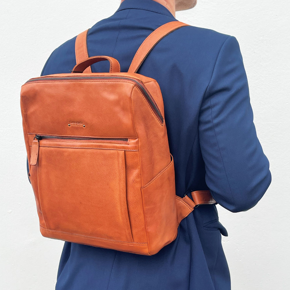 Pierre Cardin Italian Leather Unisex Backpack Bag w 15" Laptop Insert in Cognac-3