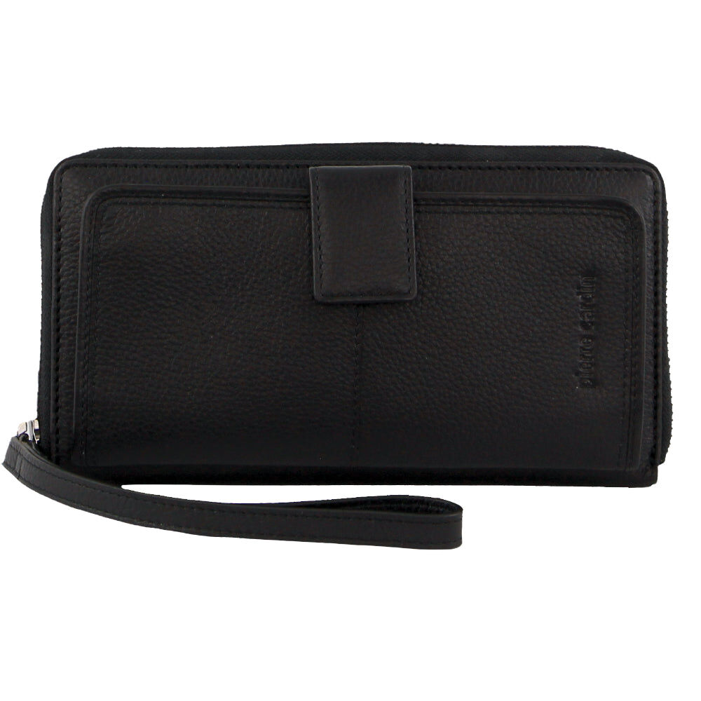 Pierre Cardin Womens Leather Zip Around Wallet RFID Blocking w/ Wristlet in Black-0