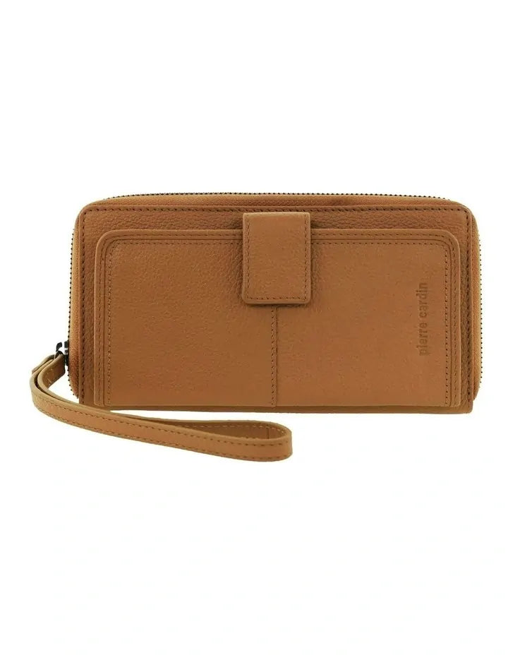 Pierre Cardin Womens Leather Zip Around Wallet RFID Blocking w/ Wristlet in Tan-1