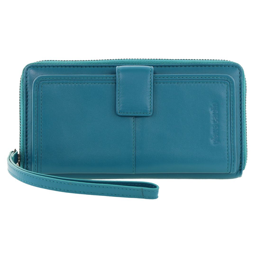 Pierre Cardin Womens Leather Zip Around Wallet RFID Blocking w/ Wristlet in Turquoise