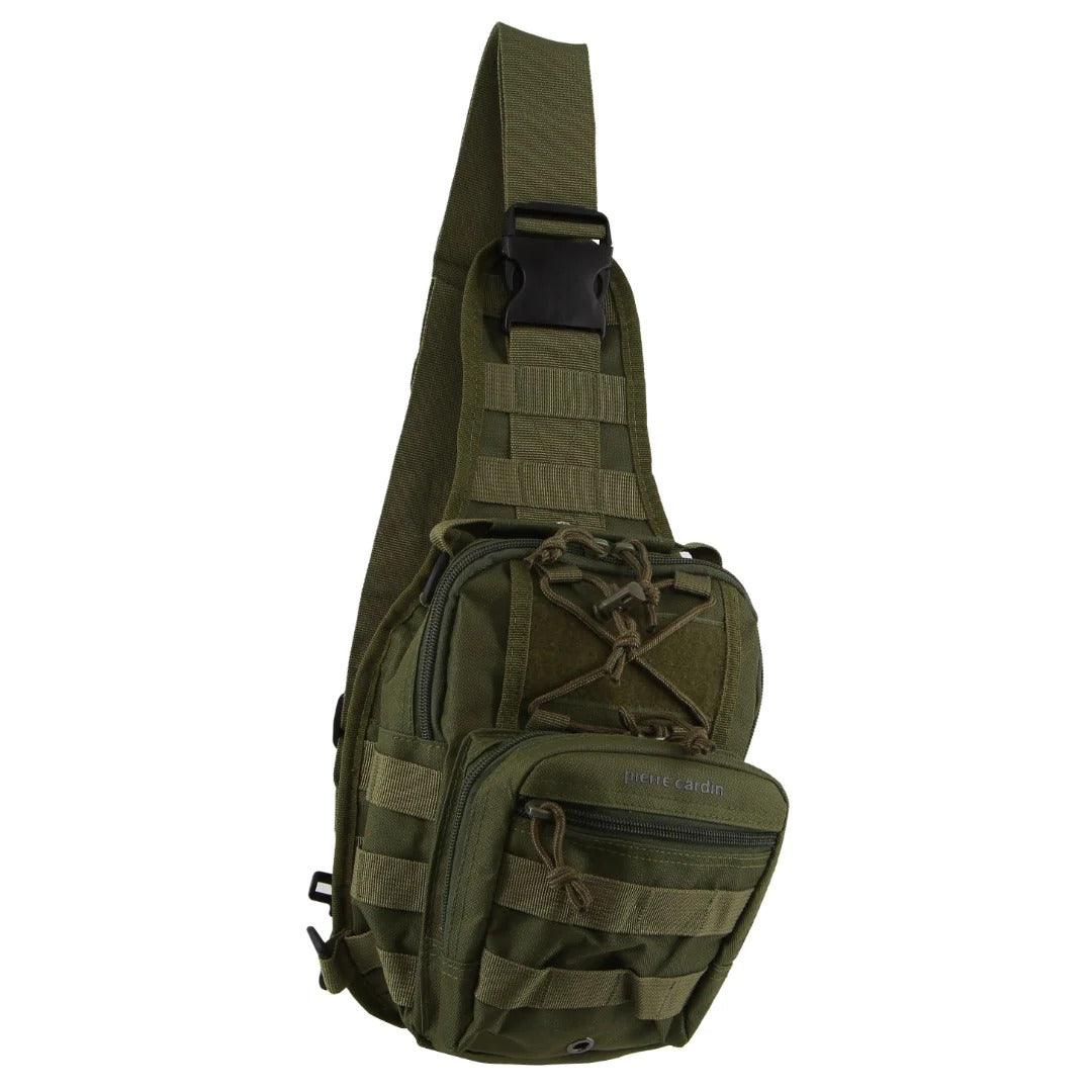 Pierre Cardin Cross Body Tactical Sling Bag Rucksack Army Style in Green-0