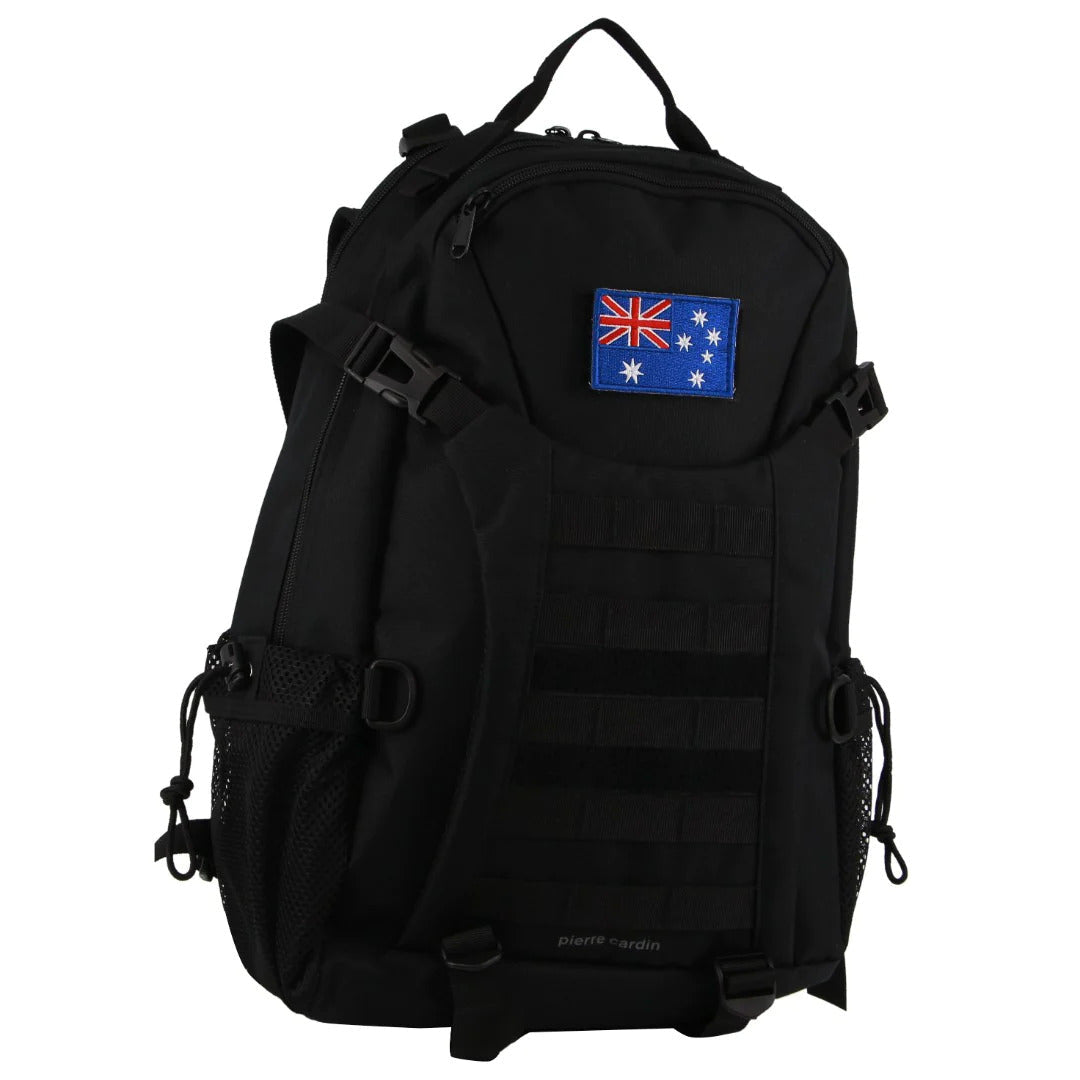 Pierre Cardin Mens Backpack Bag Travel Outdoor w/ Detachable Australia Flag - Black-0