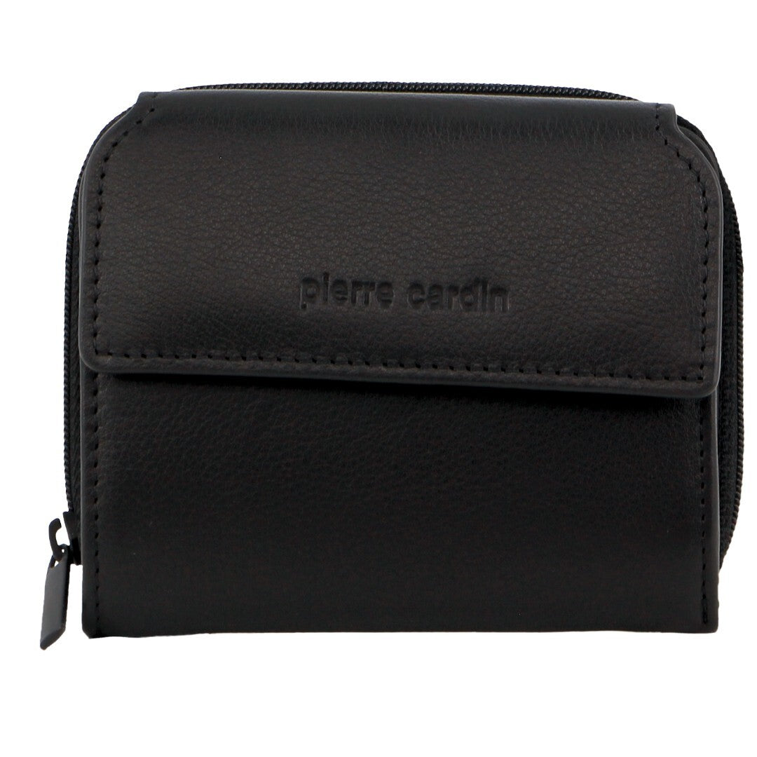 Pierre Cardin Leather Ladies Tri-Fold Tab Zip-Around Wallet - Black-1