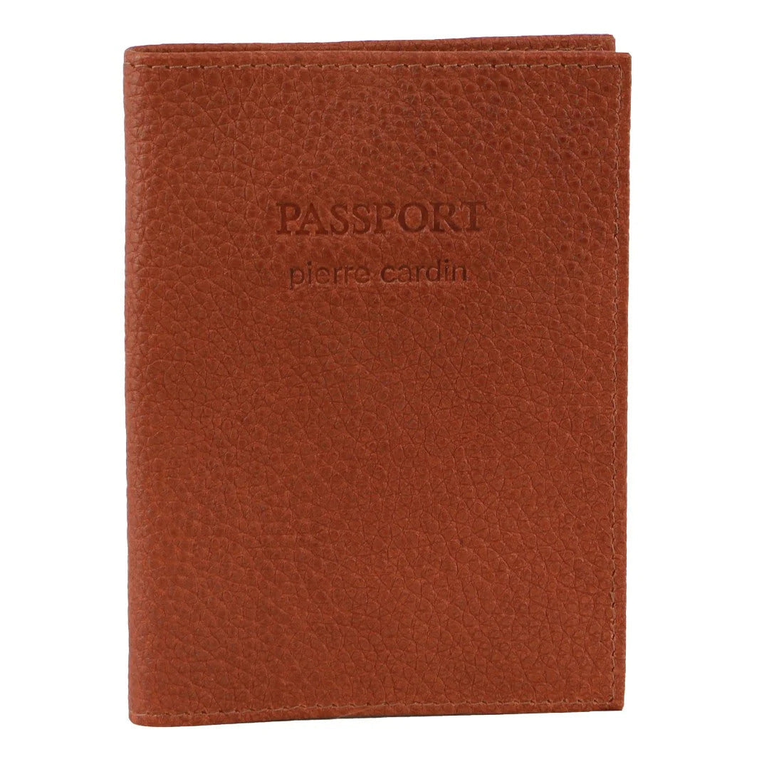 Pierre Cardin Slim Leather Passport Travel Wallet Holder RFID Case Cover - Cognac