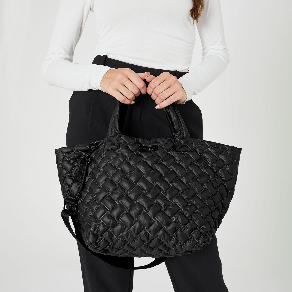 Pierre Cardin Womens Nylon Small Quilted Shoulder Tote Bag - Black