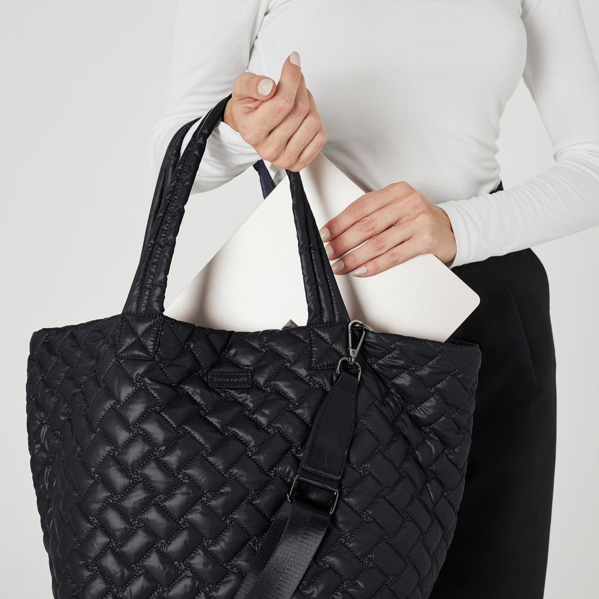 Pierre Cardin Womens Casual Nylon Padded Shoulder Tote Bag - Black