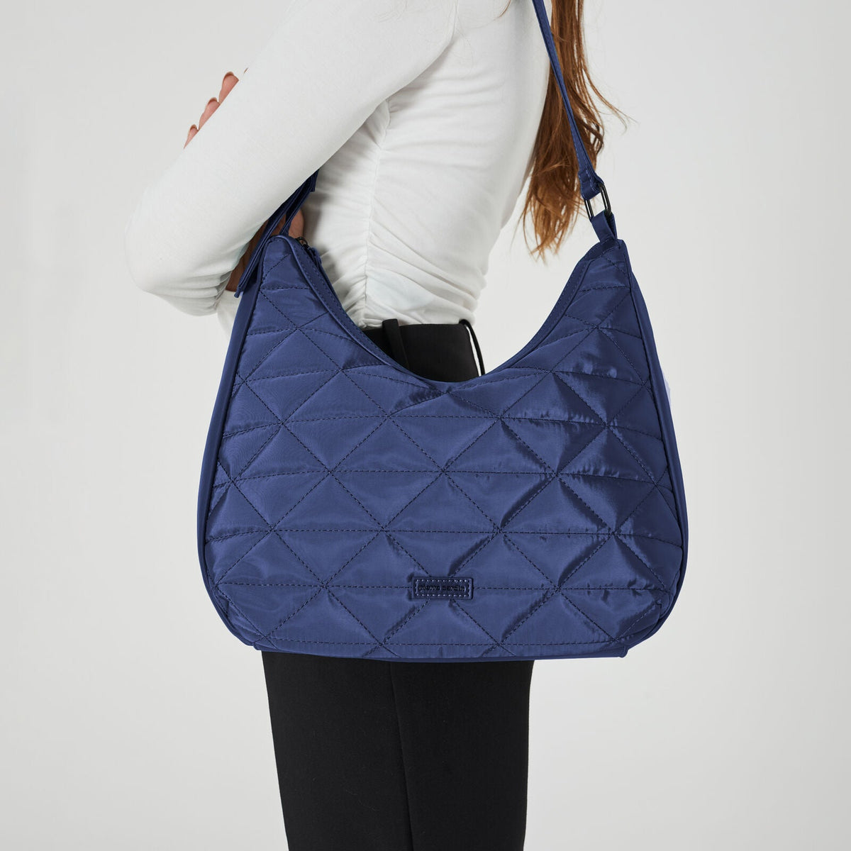 Pierre Cardin Womens Classic Nylon Geometric Shoulder Quilted Hobo Bag - Navy