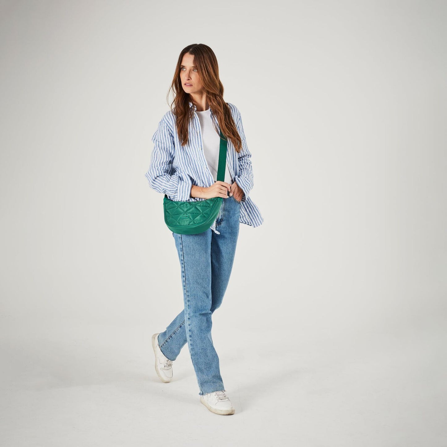 Pierre Cardin Ladies Nylon Crescent Quilted Crossbody Bag - Green