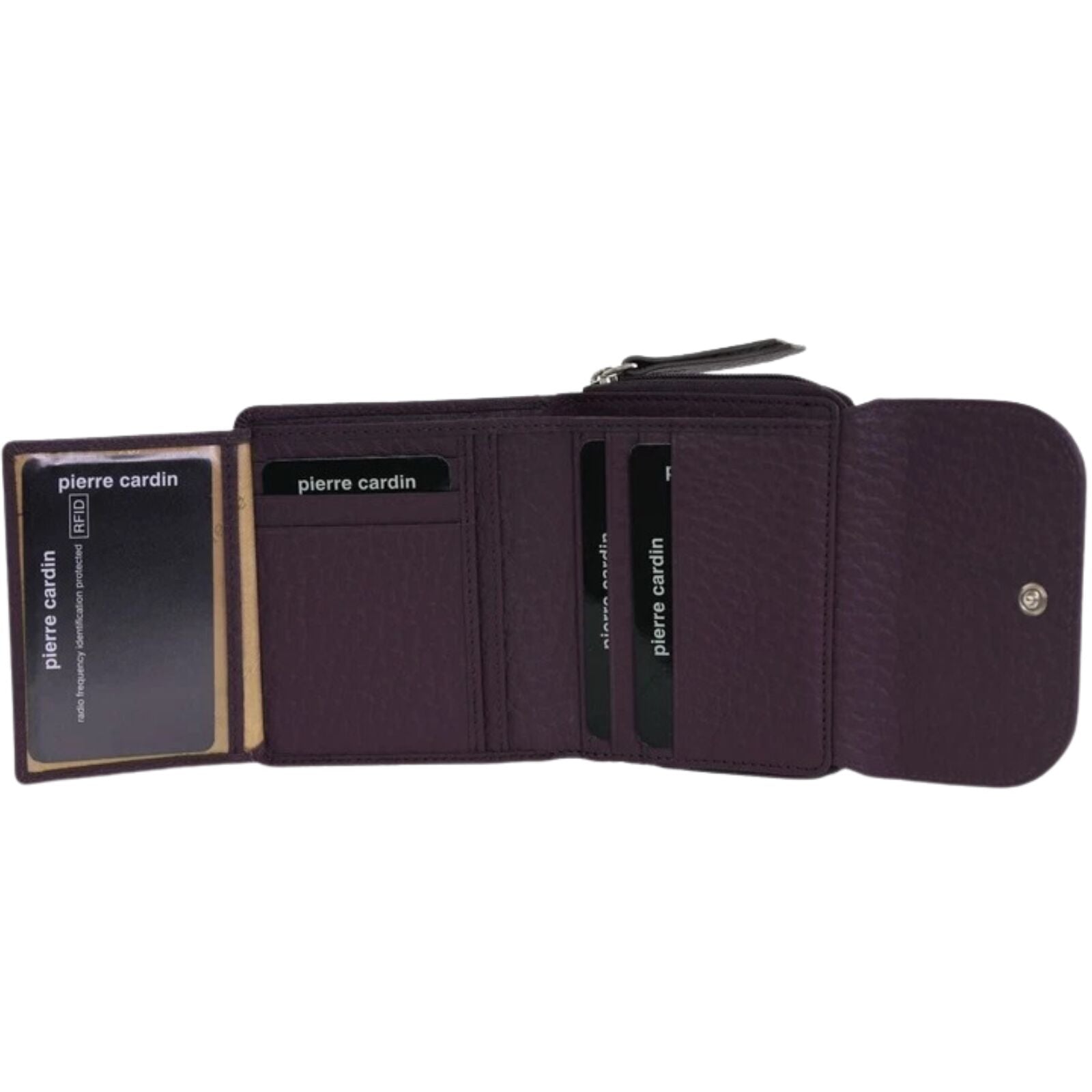 Pierre Cardin Ladies Leather Wallet  Trifold Italian Snap Tab Multi Card Zip Coin in Burgundy Taupe-2