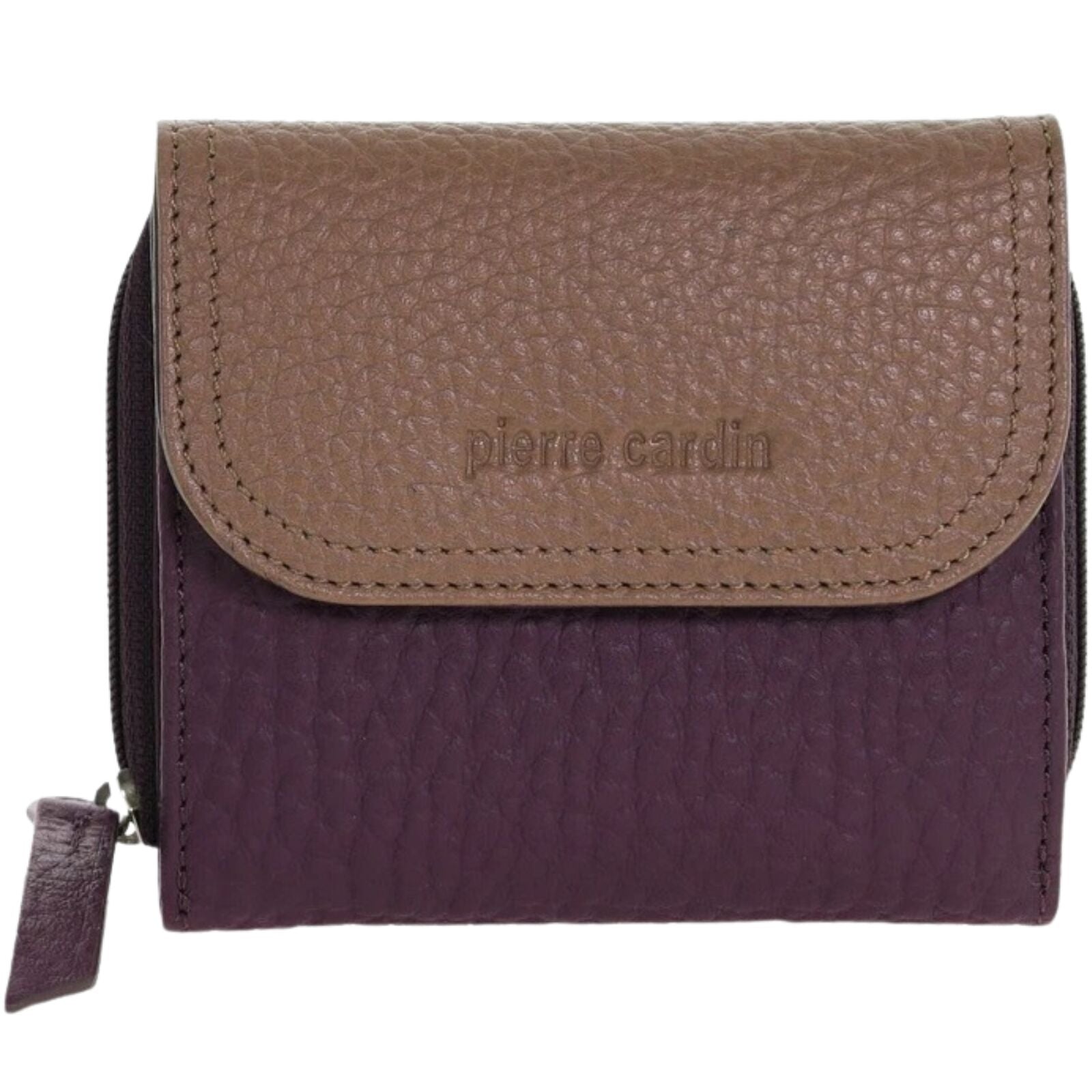 Pierre Cardin Ladies Leather Wallet  Trifold Italian Snap Tab Multi Card Zip Coin in Burgundy Taupe-0