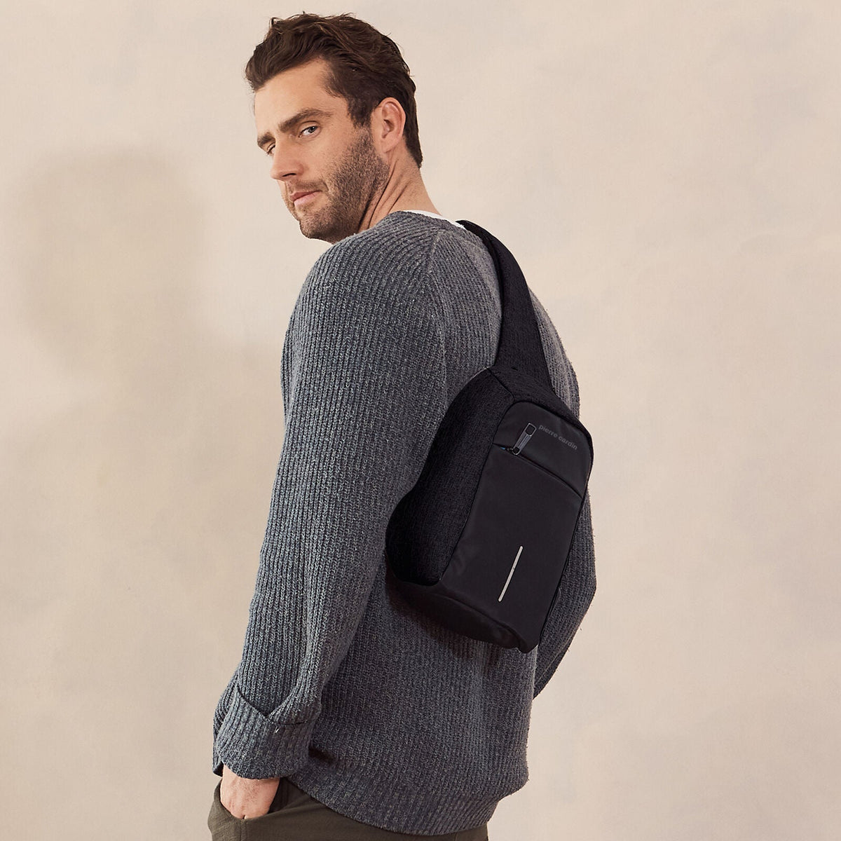 Pierre Cardin Mens Travel Nylon Sling Crossbody Bag- Black