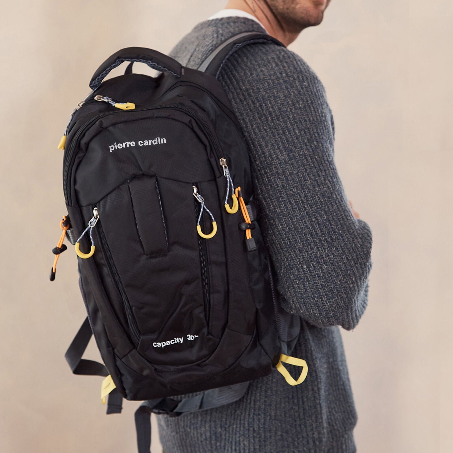Pierre Cardin Mens 30L Nylon Adventure Backpack Bag Travel Hiking in Black