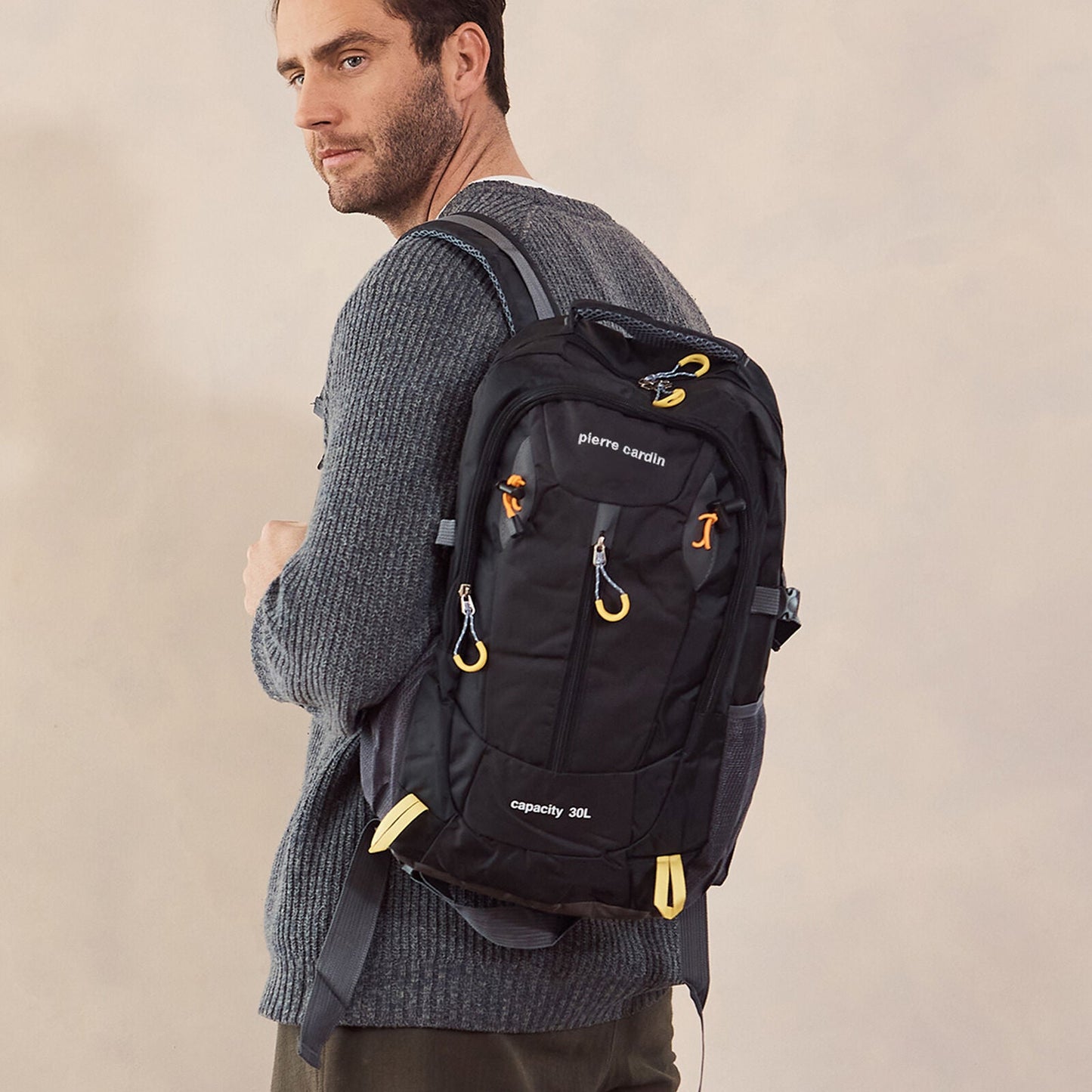 Pierre Cardin Mens 30L Nylon Adventure Travel Hiking Backpack Bag in Black