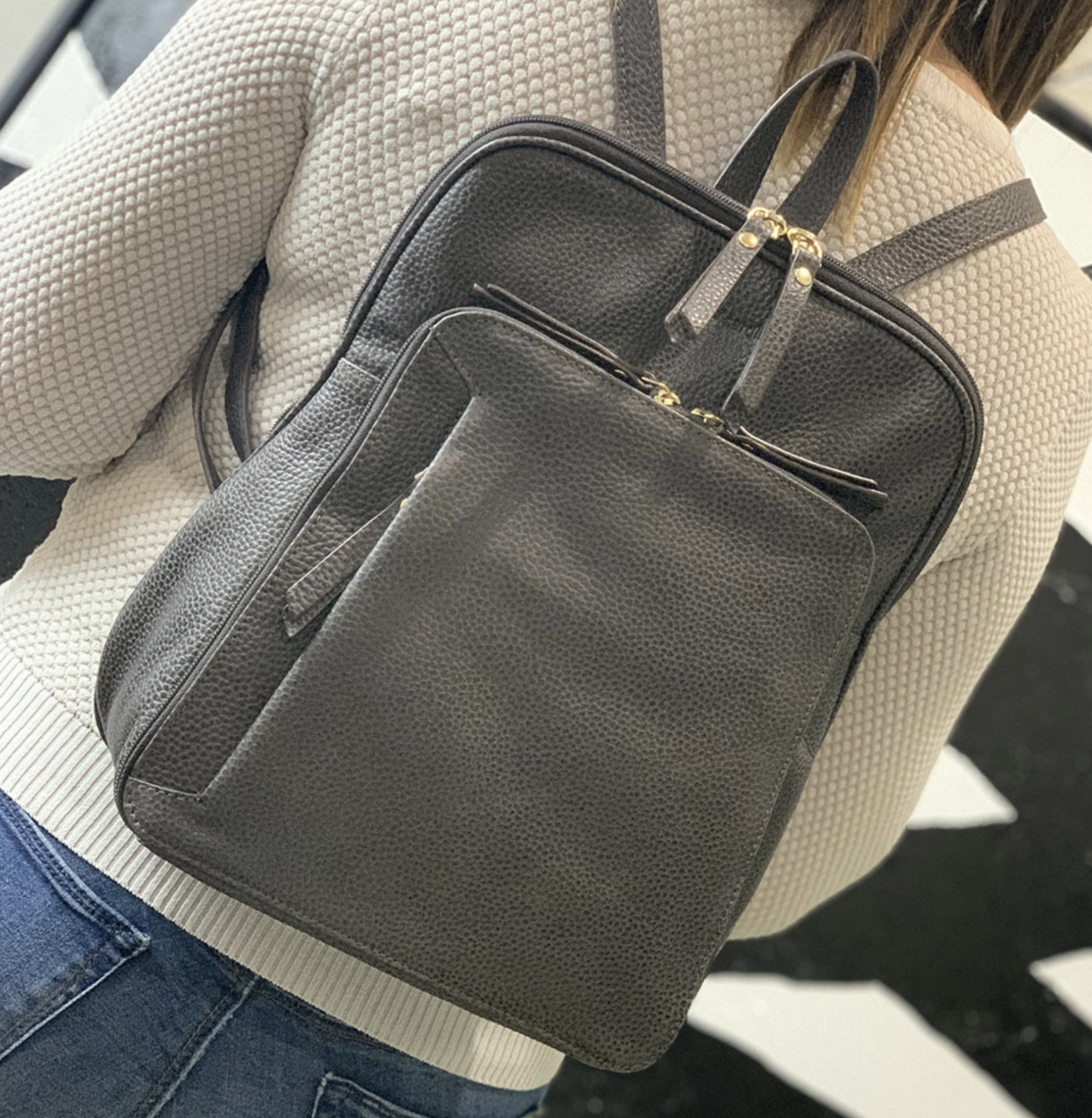 Pierre Cardin Womens Leather Backpack Bag with Pocket Front Multi-Zip - Slate-2